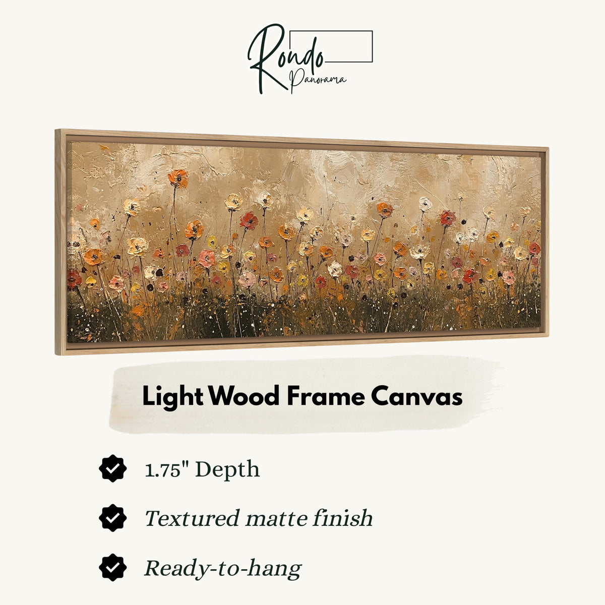 Golden wildflower field canvas print in a light wood floating frame