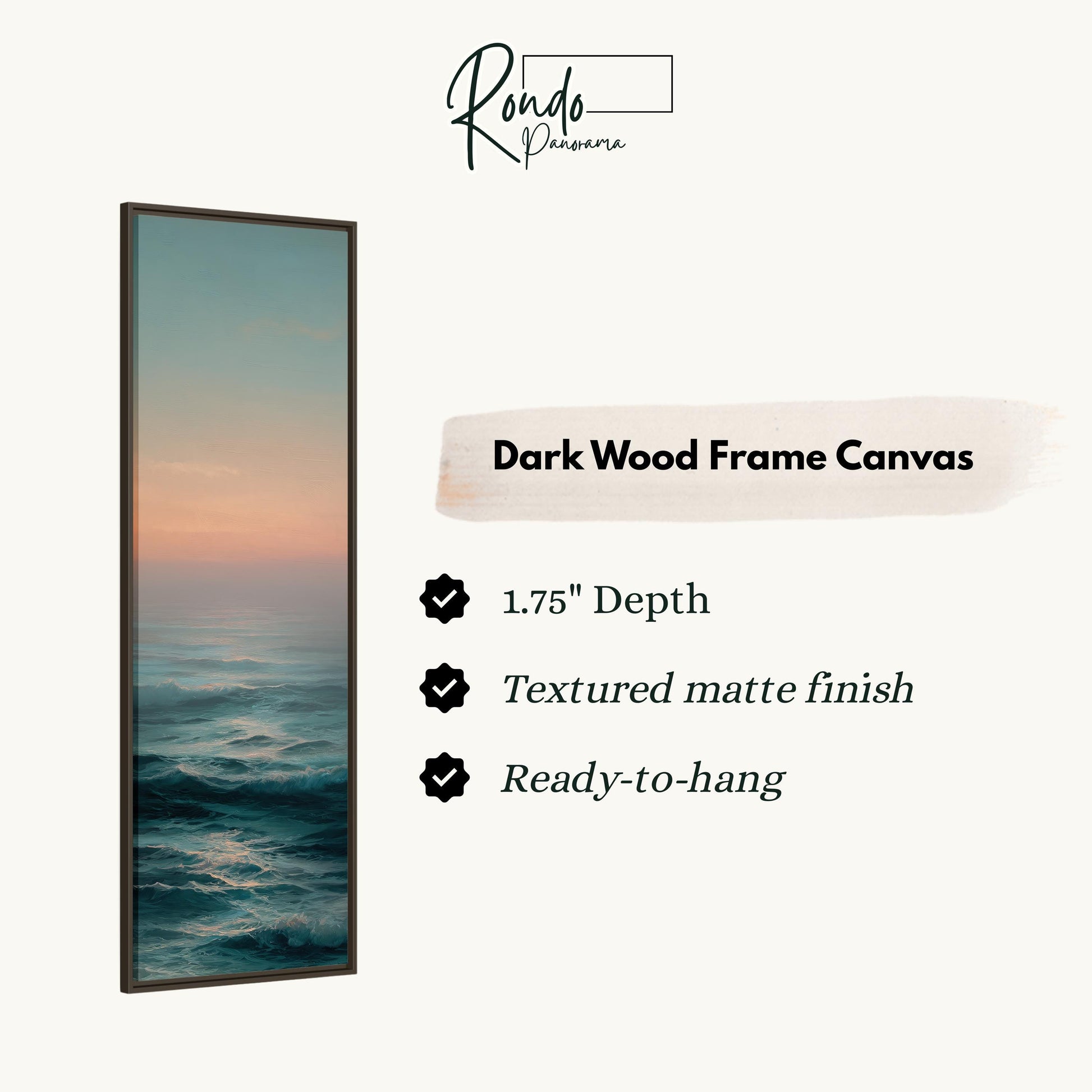 The image is a dark wood frame canvas depicting a seascape with a sunset.