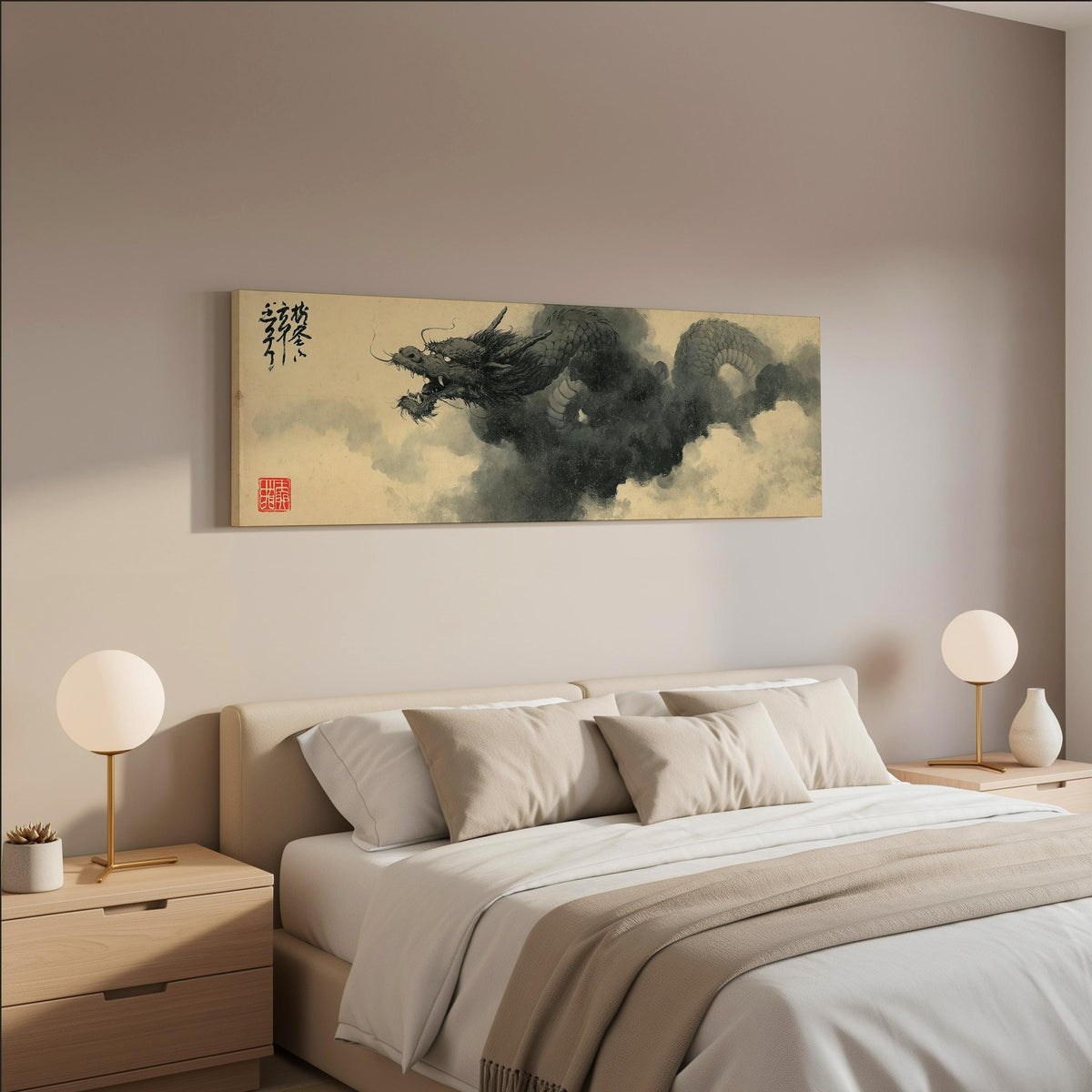 Ink dragon in the clouds wide panoramic canvas print above a bed in a neutral bedroom
