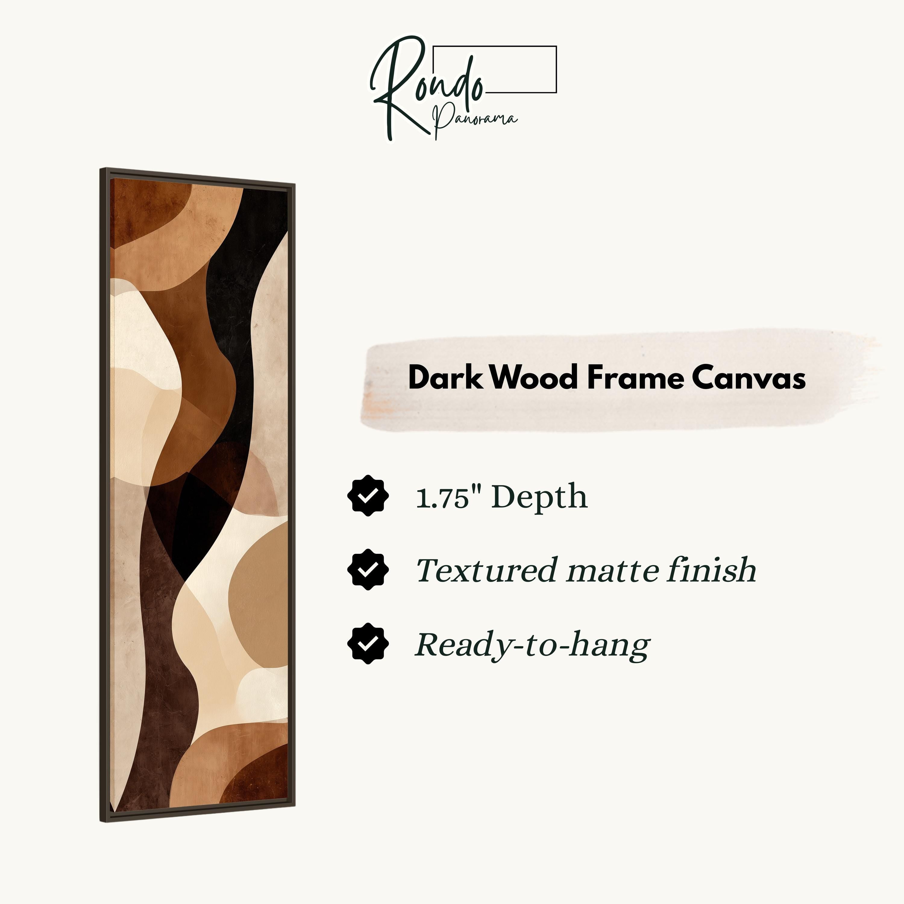 The image is a product description for a dark wood frame canvas. It features a rectangular frame with a textured matte finish and a depth of 1.75 inches. The canvas is ready to hang.