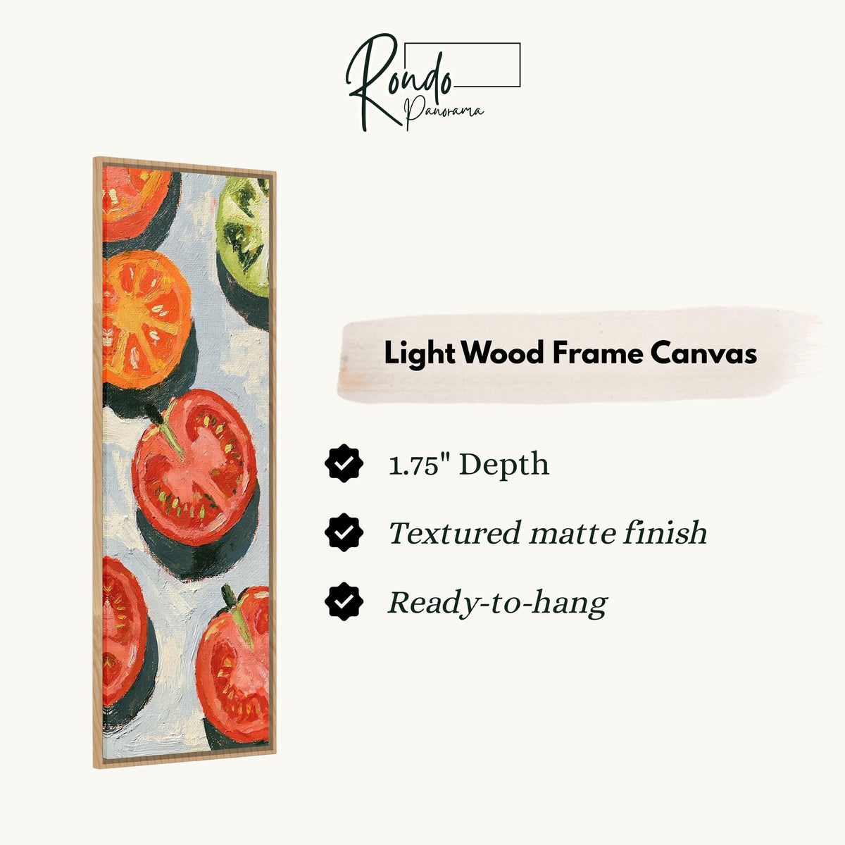 Sliced tomatoes canvas print in a light wood floating frame