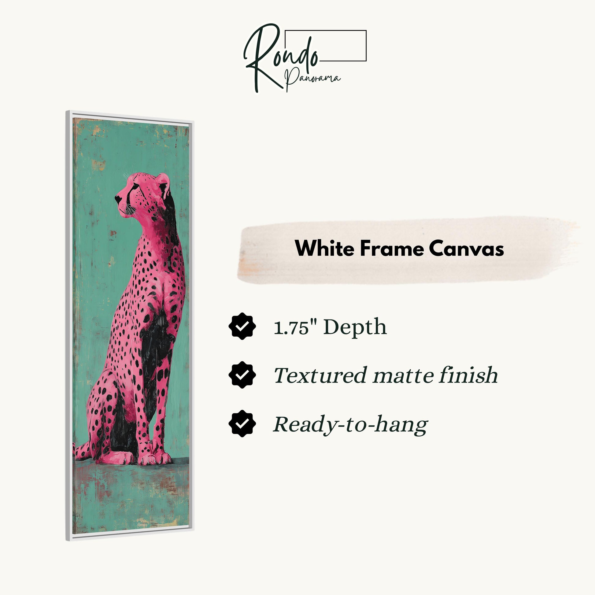 a white frame canvas with a pink cheetah depicted on it.