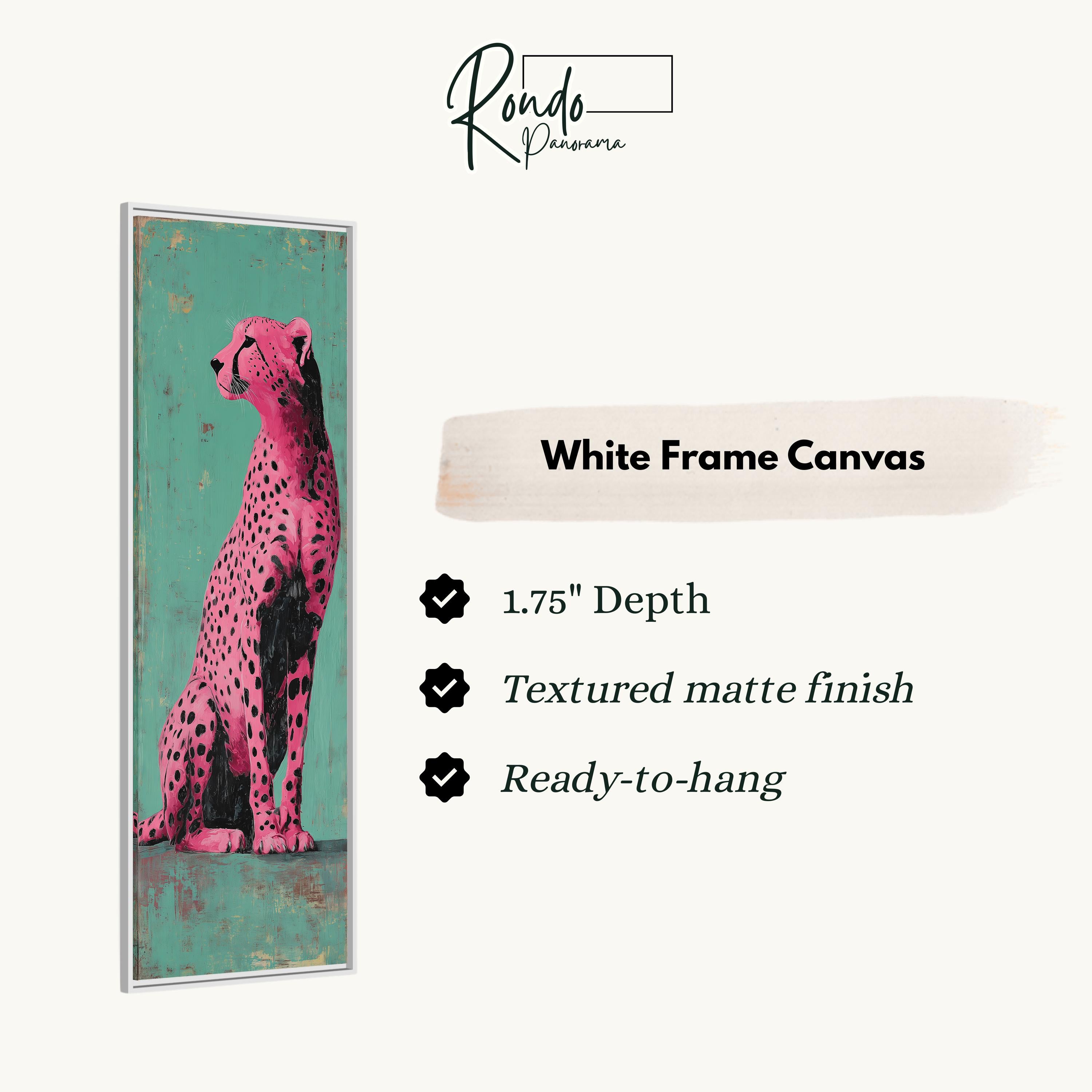 a white frame canvas with a pink cheetah depicted on it.