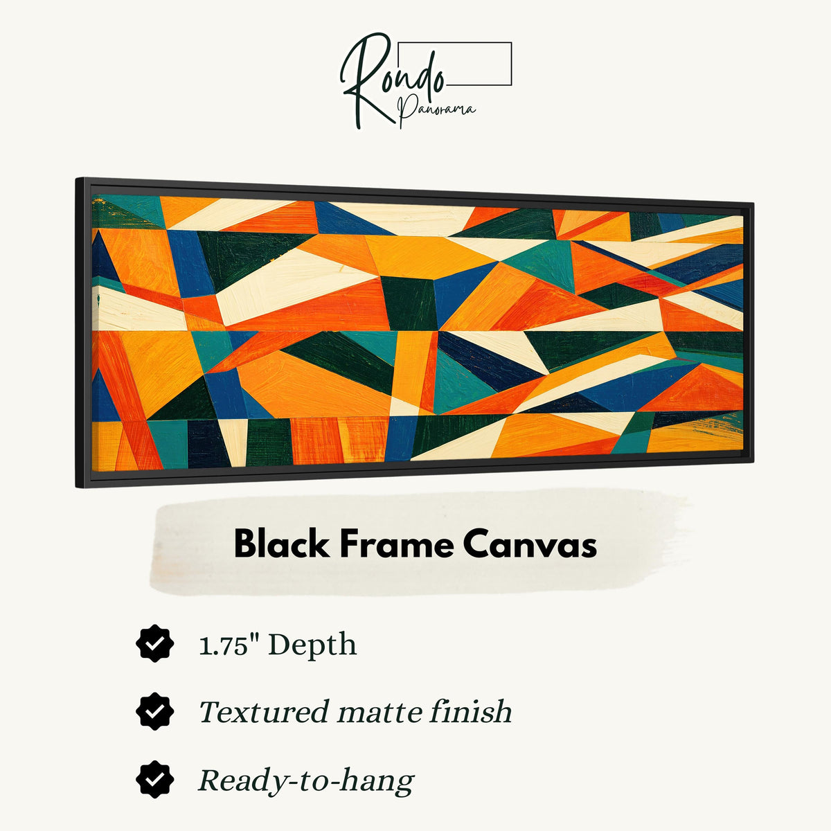 Orange and teal triangle mosaic canvas print in a black floating frame