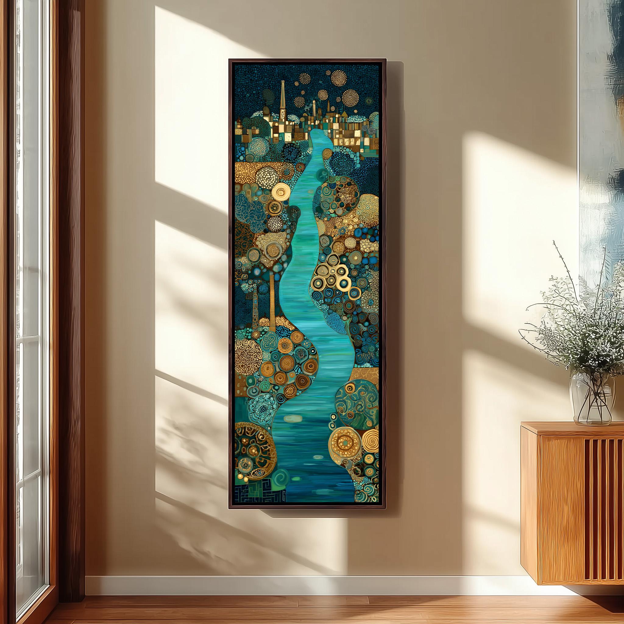 a large, colorful painting of a cityscape with a winding river in the center, hanging on a wall in a room with a wooden floor and a window.