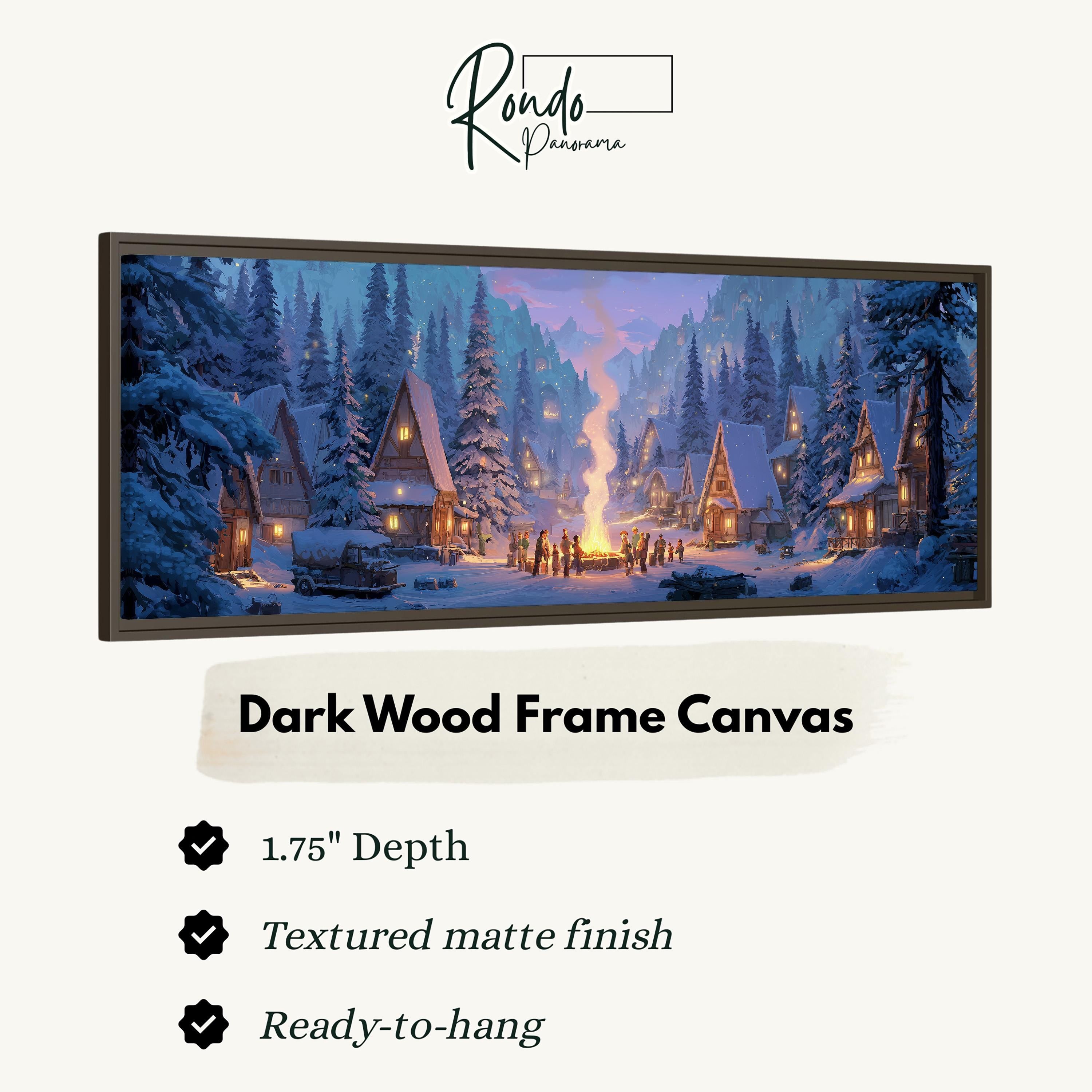 The image is a dark wood frame canvas depicting a snowy village scene with a fire in the center.