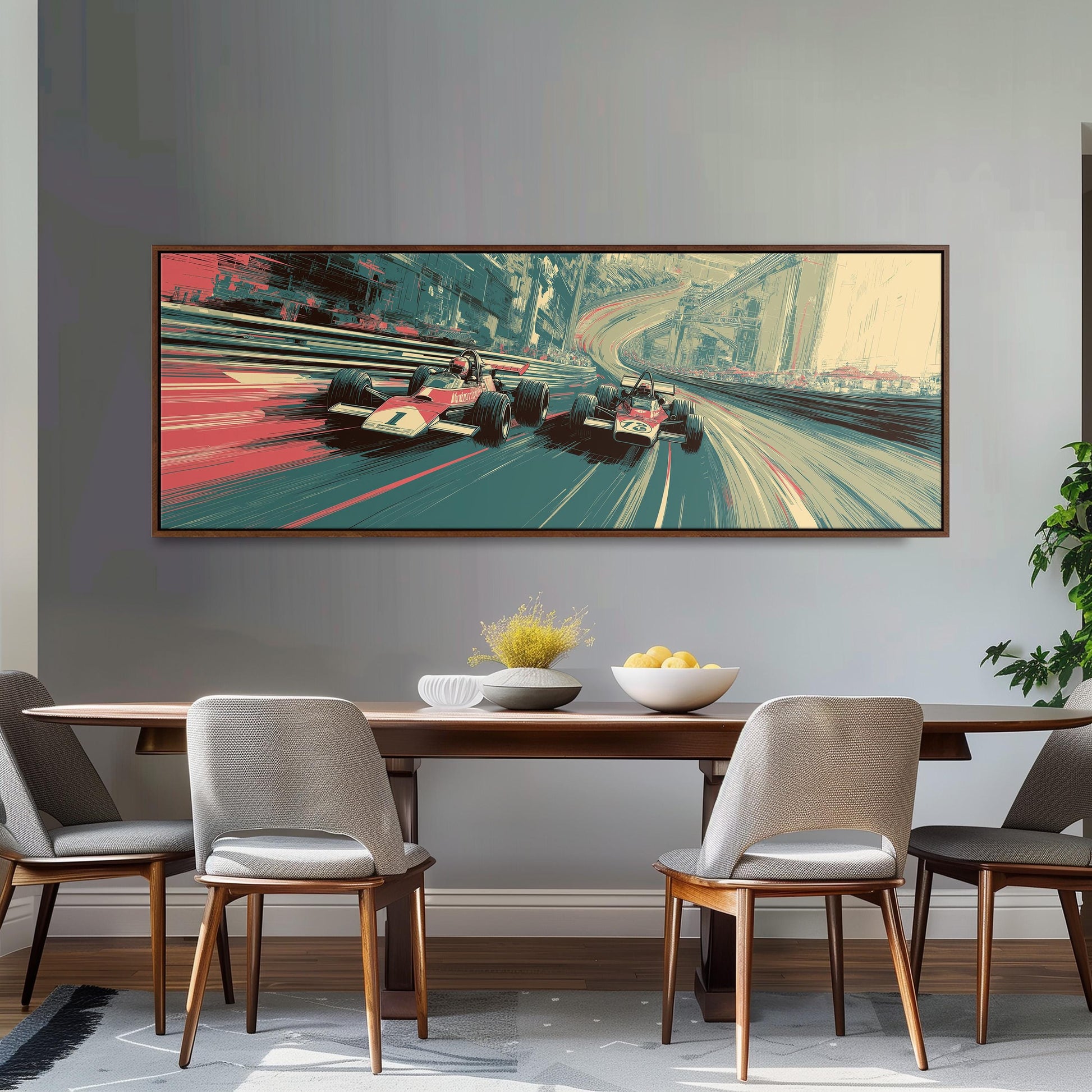 a large, colorful painting of a race track with two Formula One cars speeding down the track, hanging on a wall above a wooden dining table with four chairs.