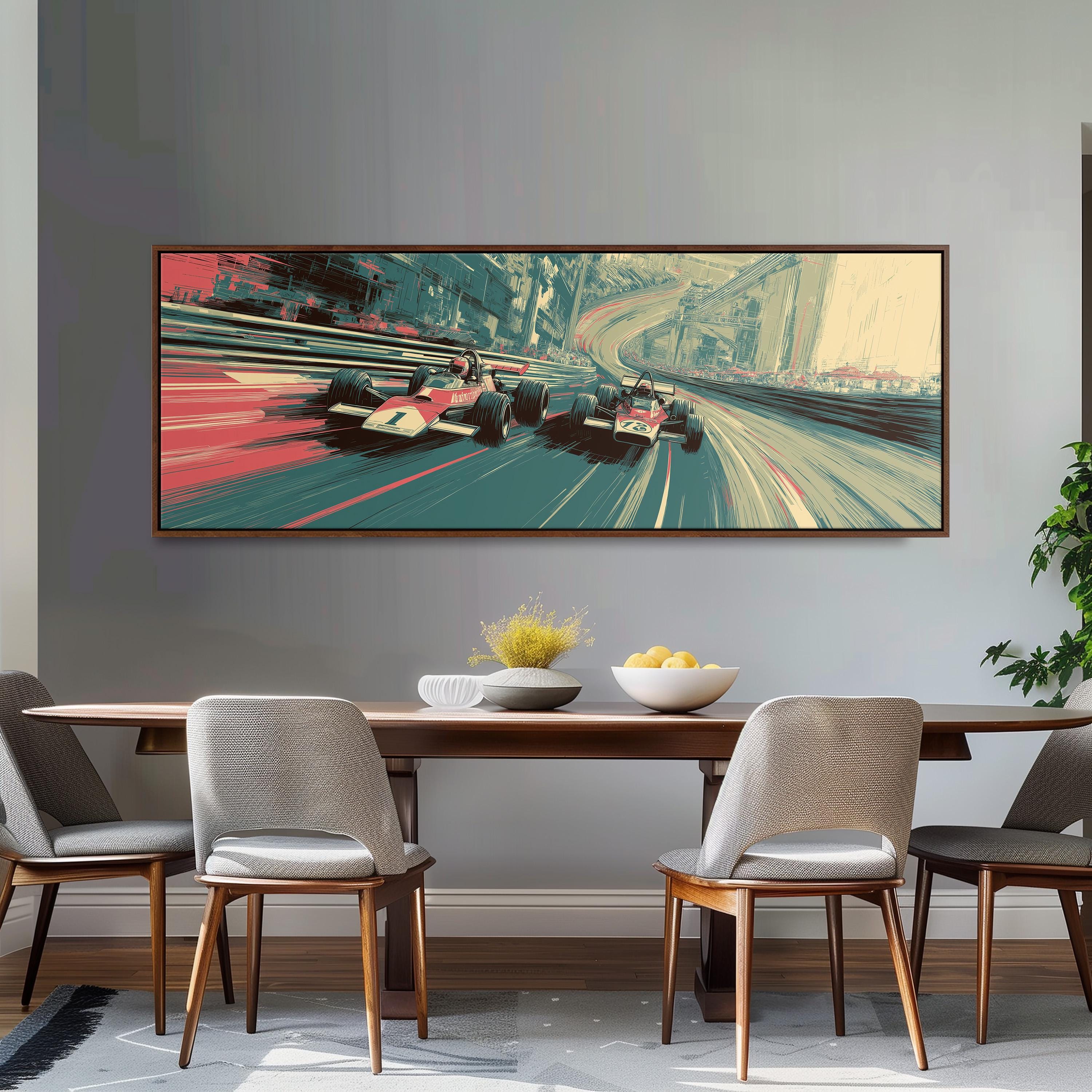 a large, colorful painting of a race track with two Formula One cars speeding down the track, hanging on a wall above a wooden dining table with four chairs.