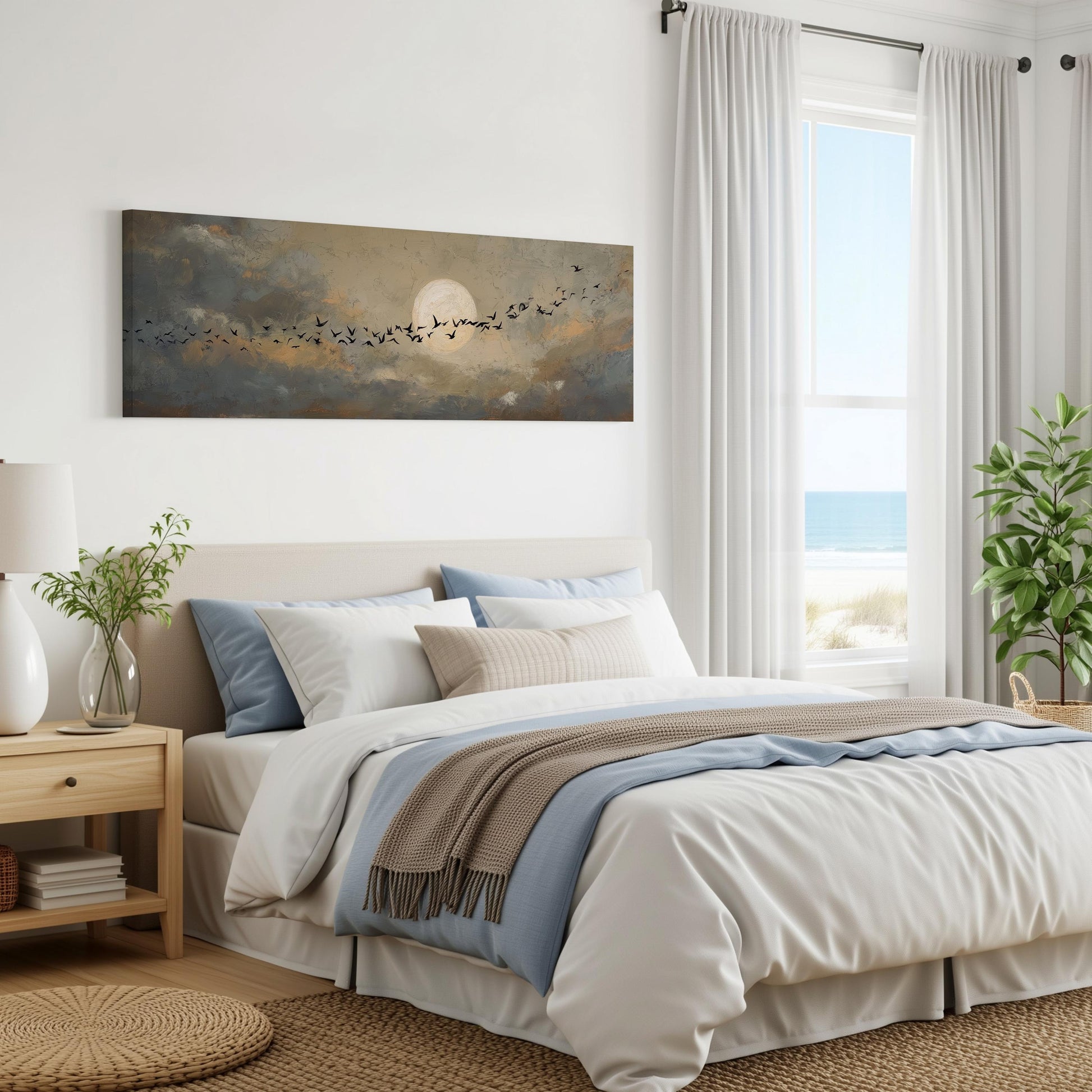 a serene bedroom scene with a large bed, a nightstand, and a painting of a sunset over the ocean.