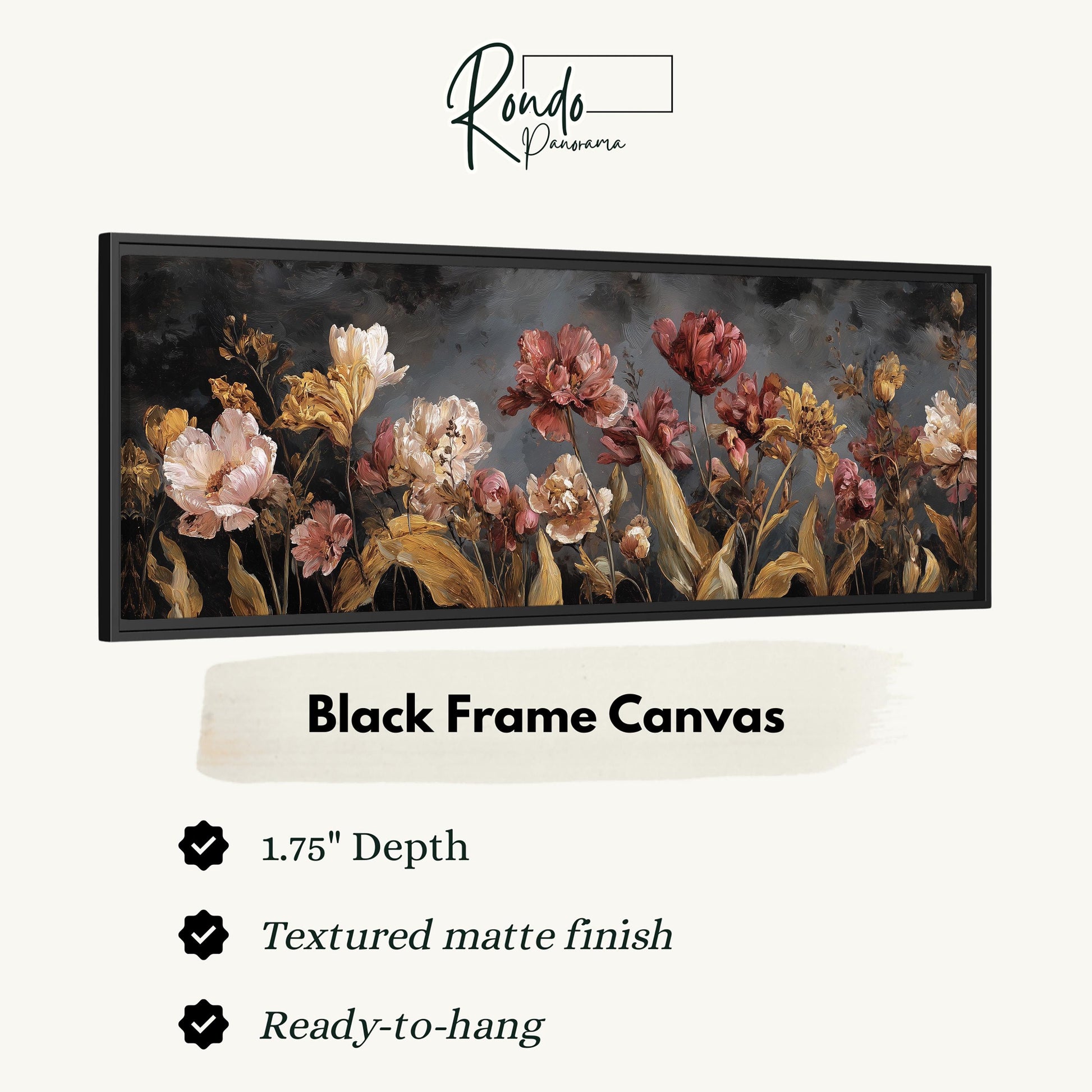 The image is a black frame canvas featuring a painting of a field of flowers with a textured matte finish.
