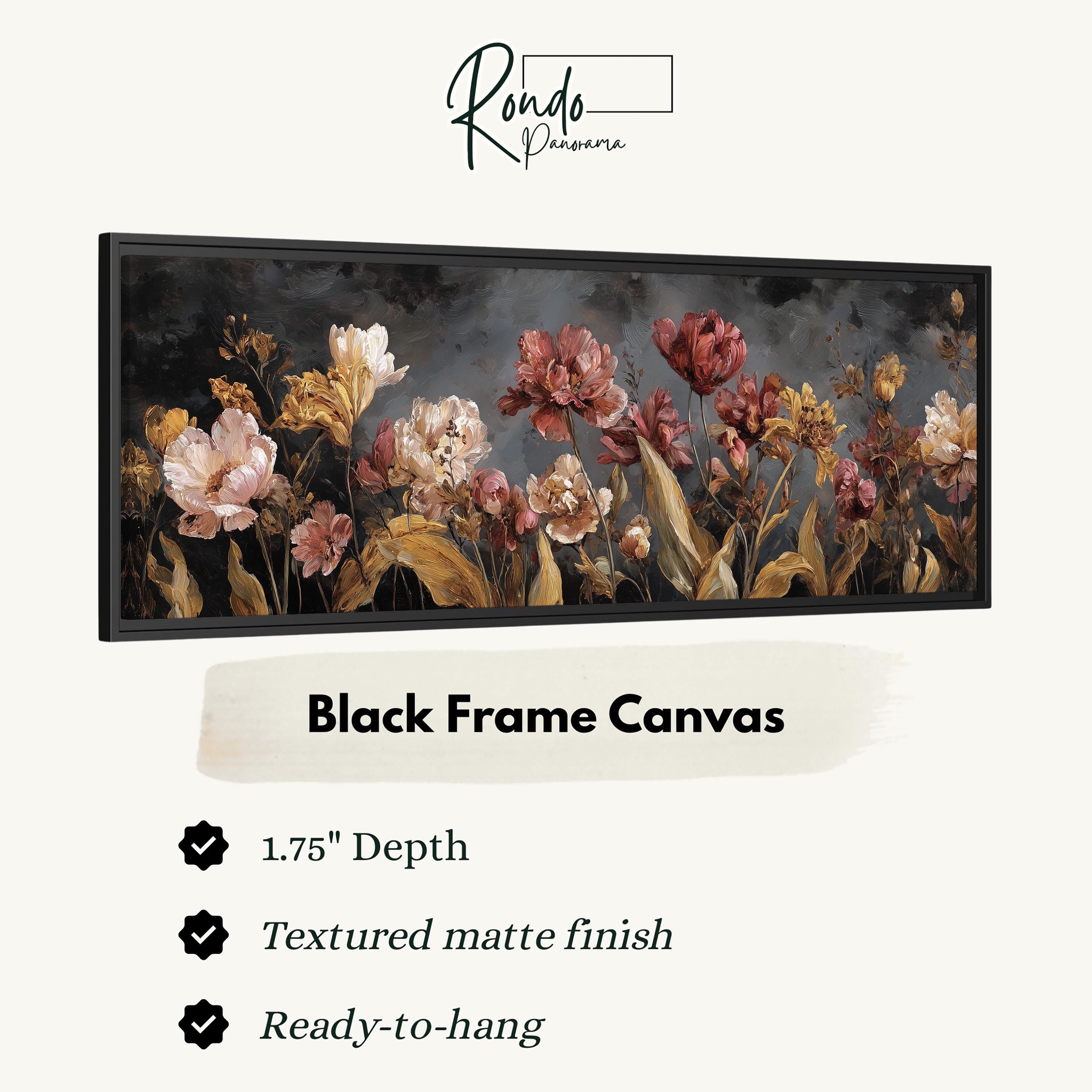 The image is a black frame canvas featuring a painting of a field of flowers with a textured matte finish.