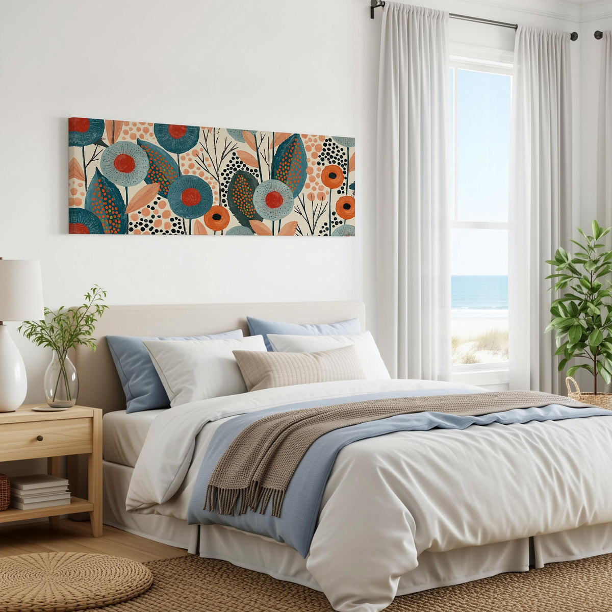 Teal poppies and speckled leaves panoramic canvas print above a bed in a coastal bedroom