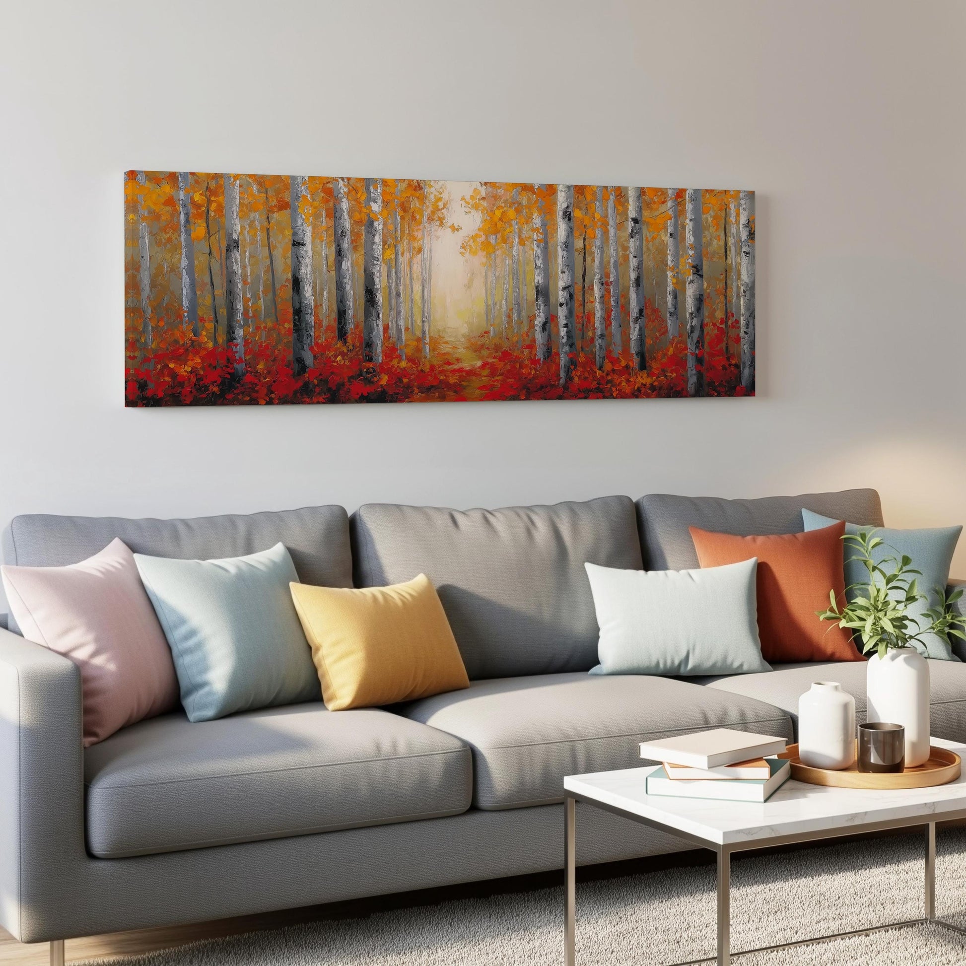 a large painting of a forest with tall trees and vibrant orange leaves hanging on a wall above a gray couch with colorful throw pillows.