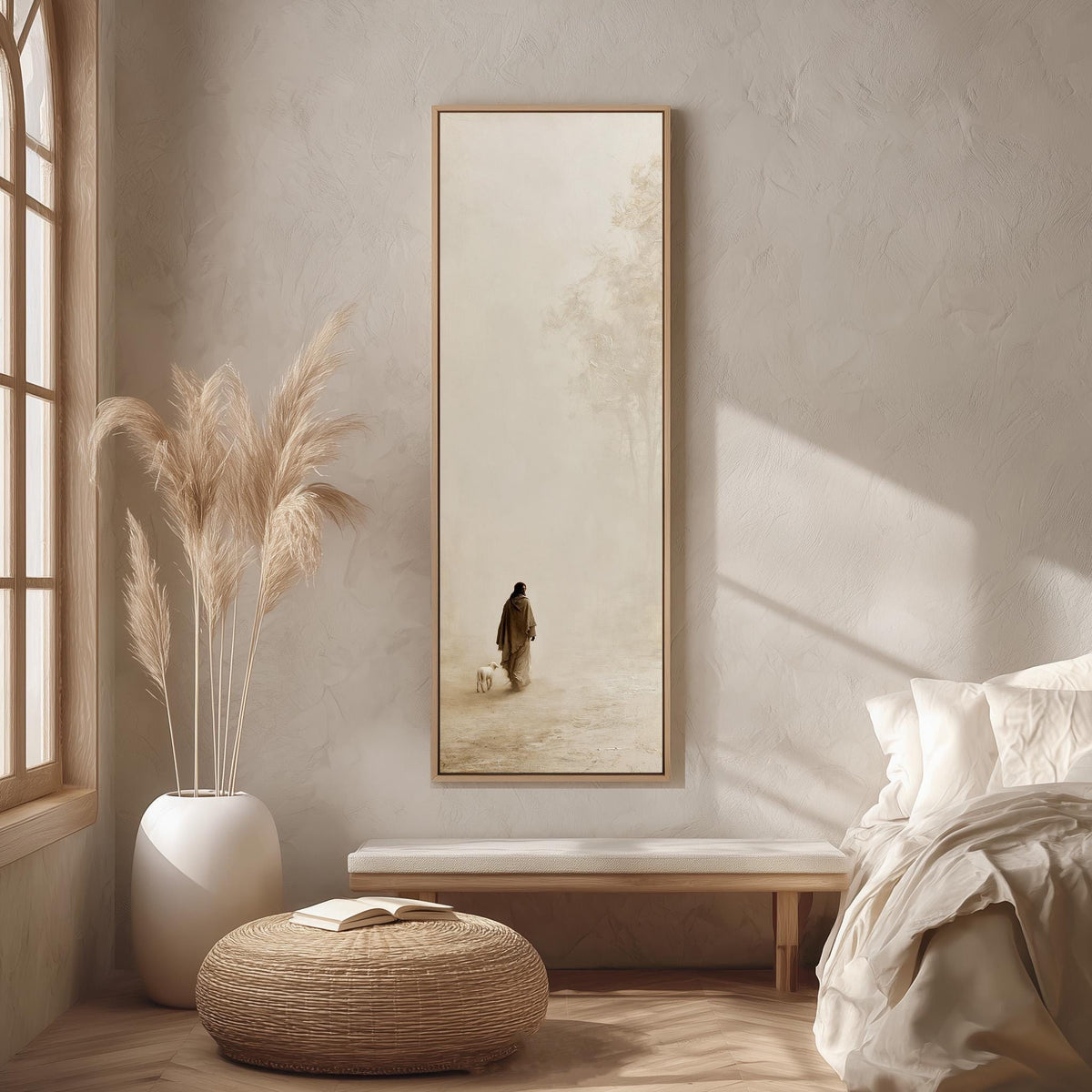 Jesus walking with a lamb in pale mist long vertical canvas print in a bright reading corner