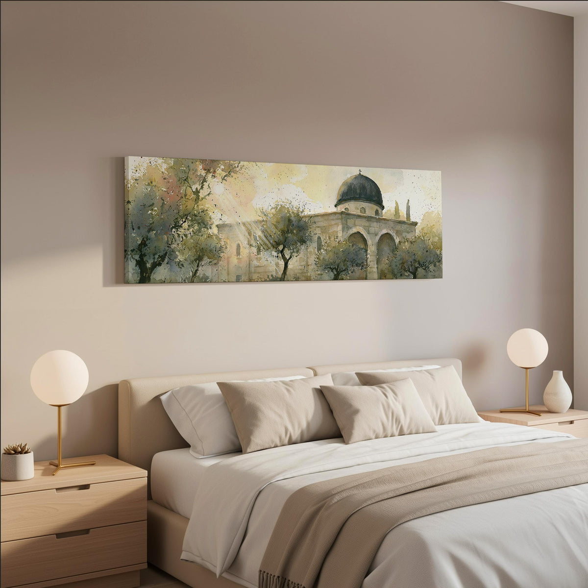 Sunlit dome in an olive grove wide panoramic canvas print above a bed in a neutral bedroom