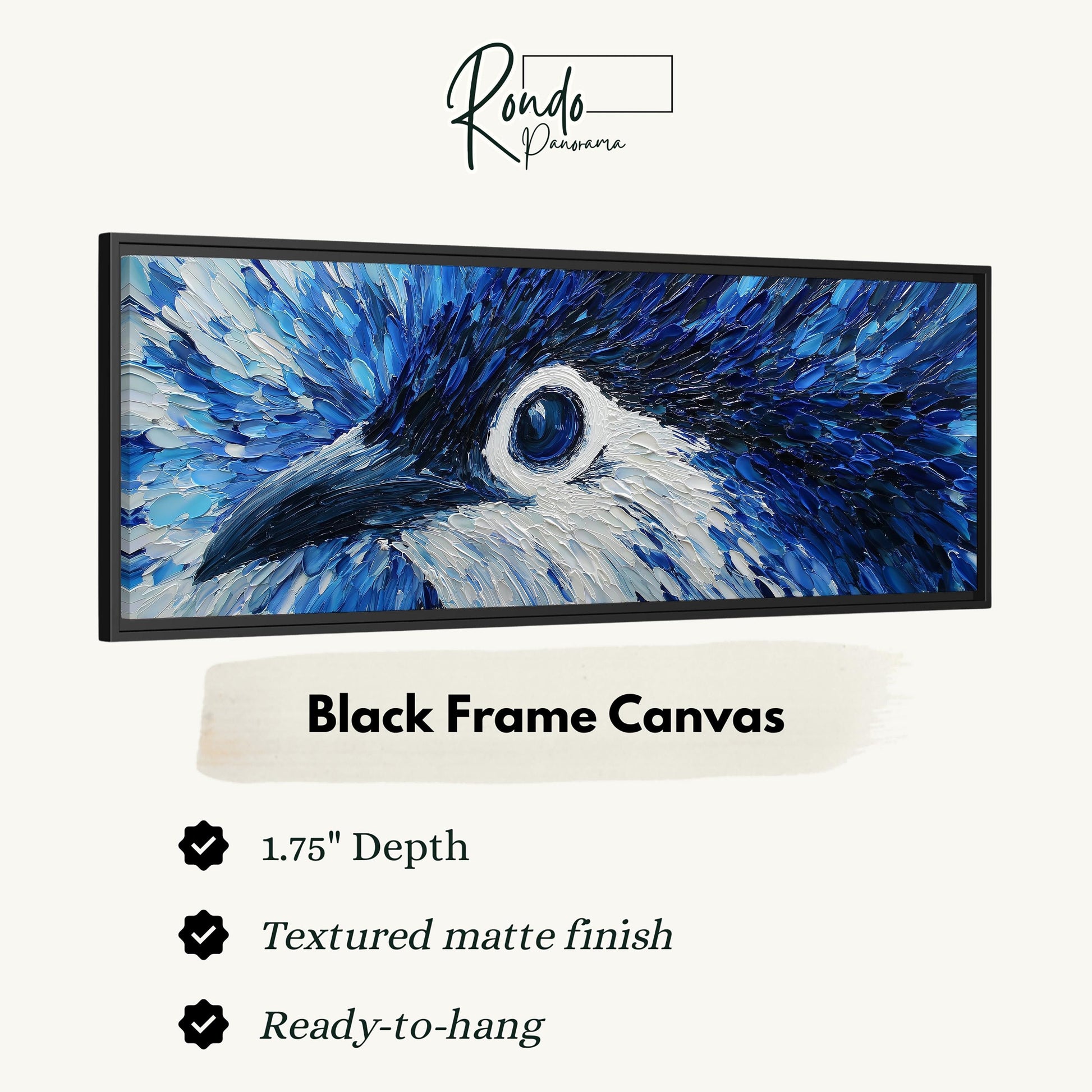The image is a close-up of a black frame canvas featuring a painting of a blue bird's eye.