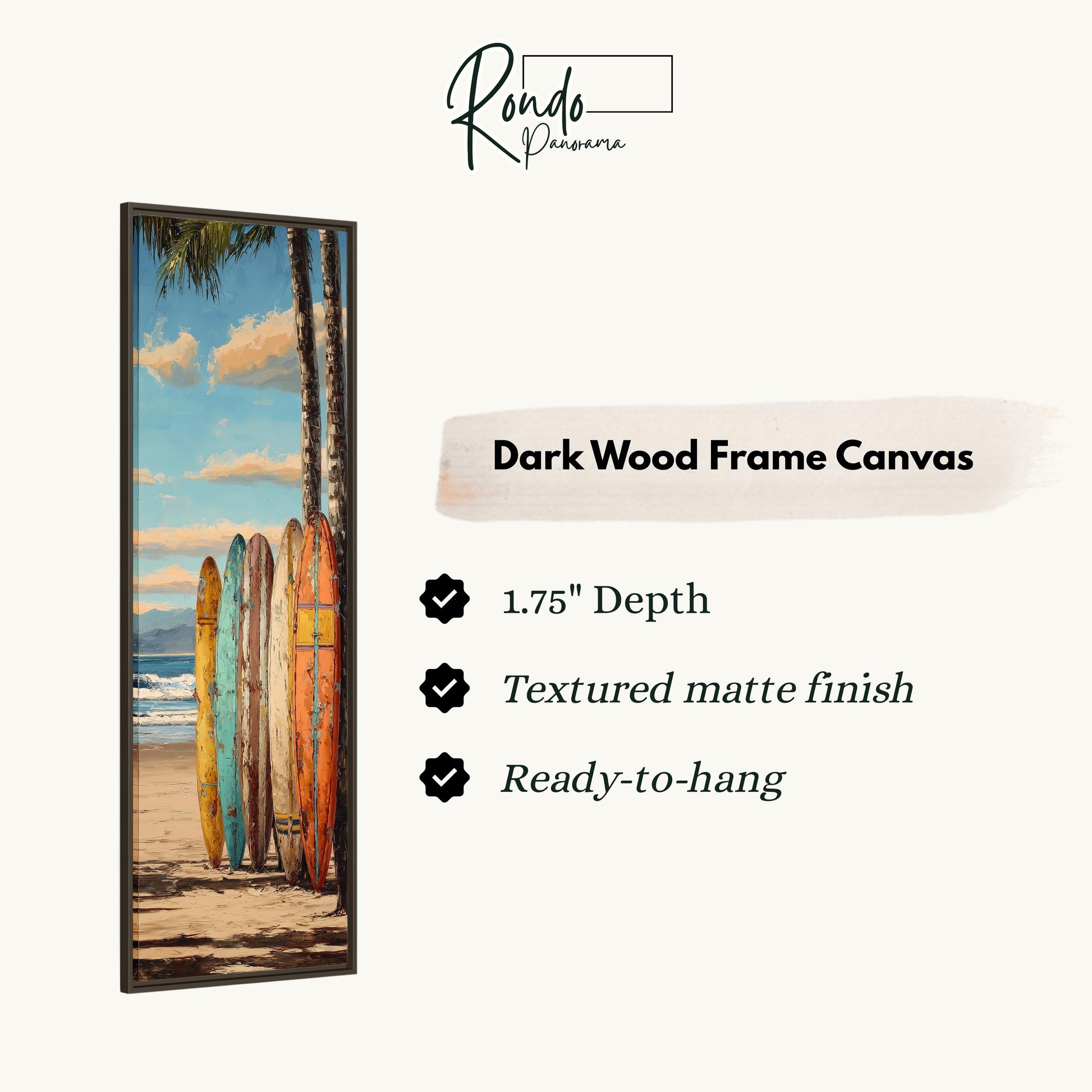 a dark wood frame canvas with a beach scene, including a row of surfboards leaning against a palm tree.