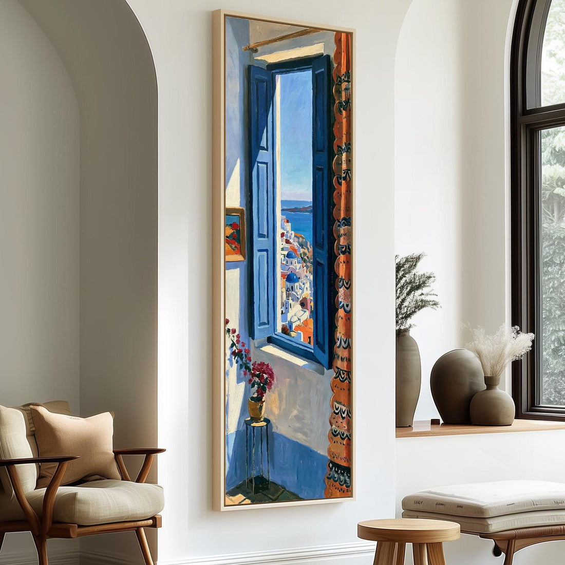 Santorini seen through a tall blue window long vertical canvas print in a sunlit living space