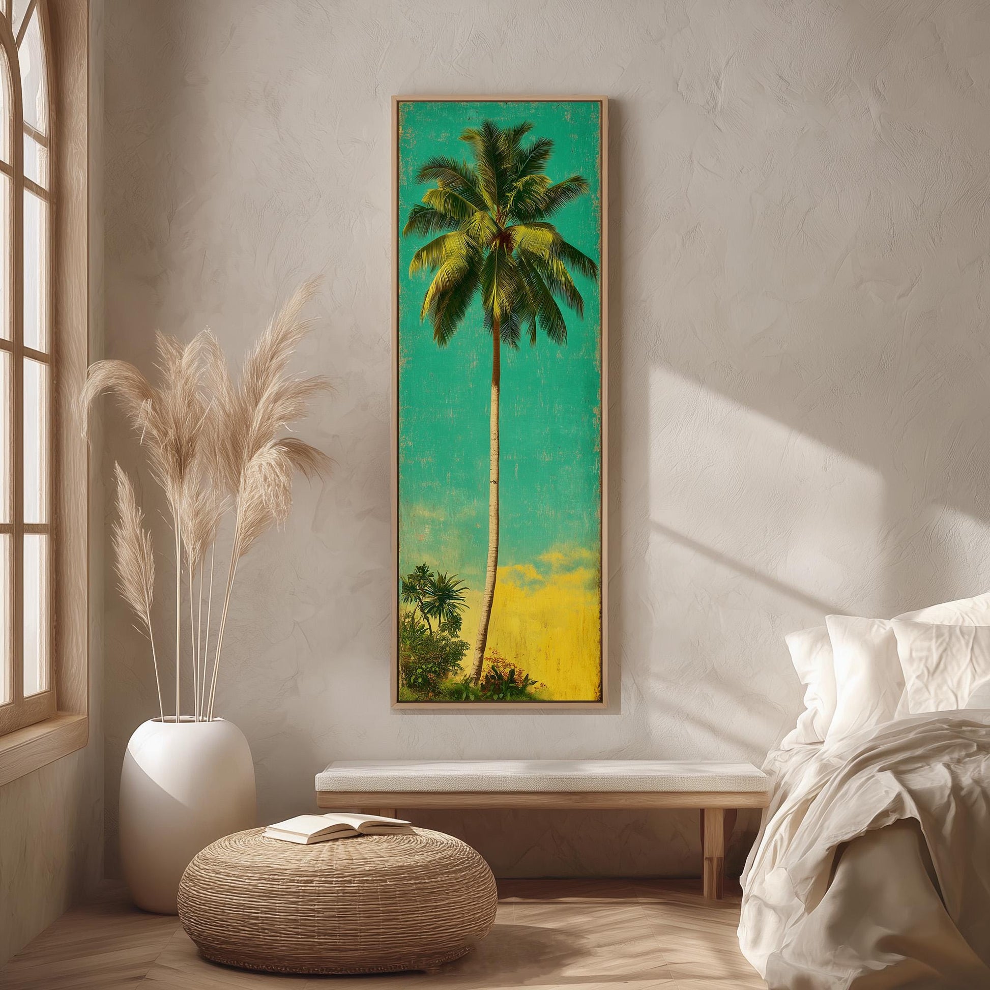 a large tropical painting of a palm tree hanging on a wall in a room with a bed, a wicker ottoman, and a potted plant.