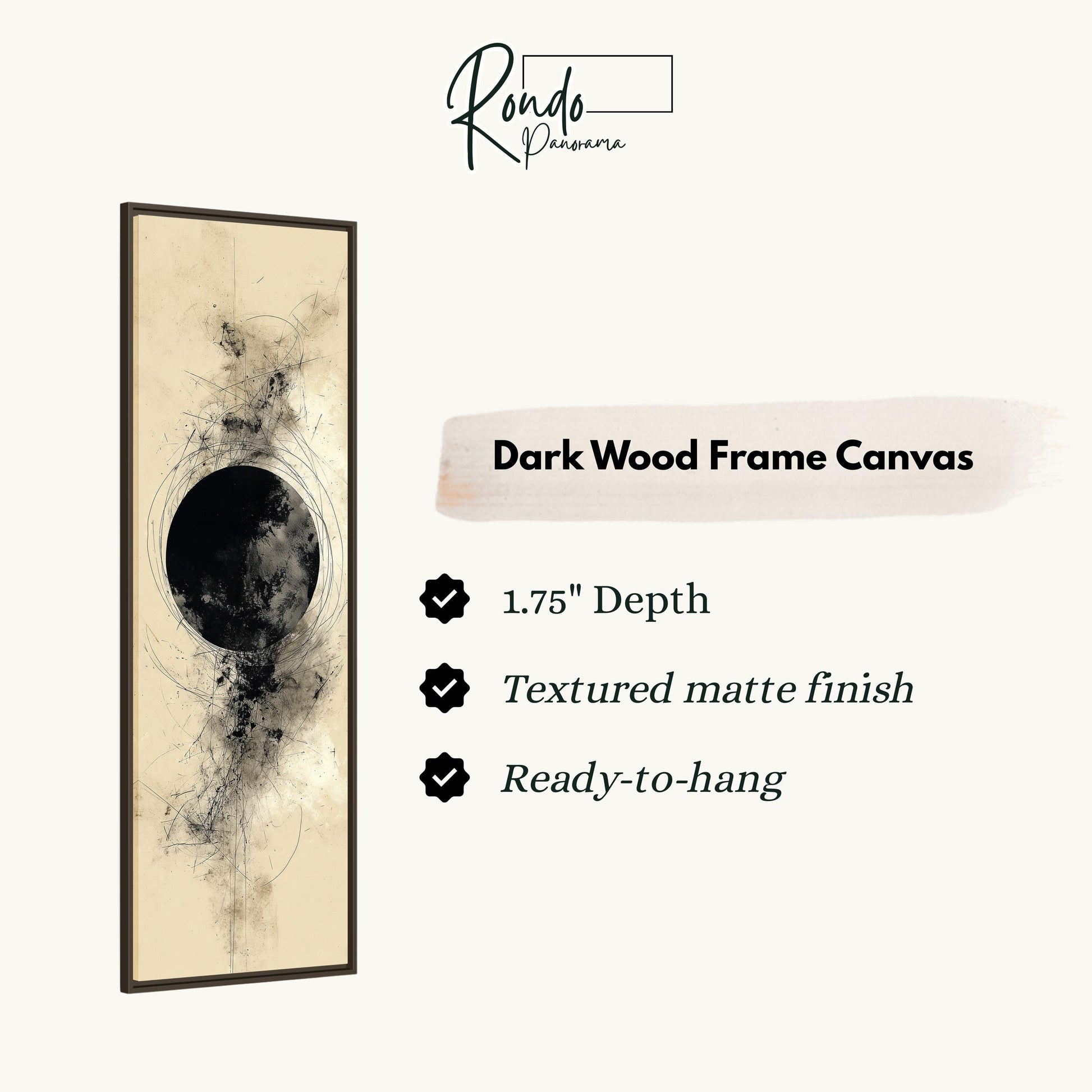 The image is a product description for a dark wood frame canvas. It features a black circle on a beige background, along with text providing details about the product.