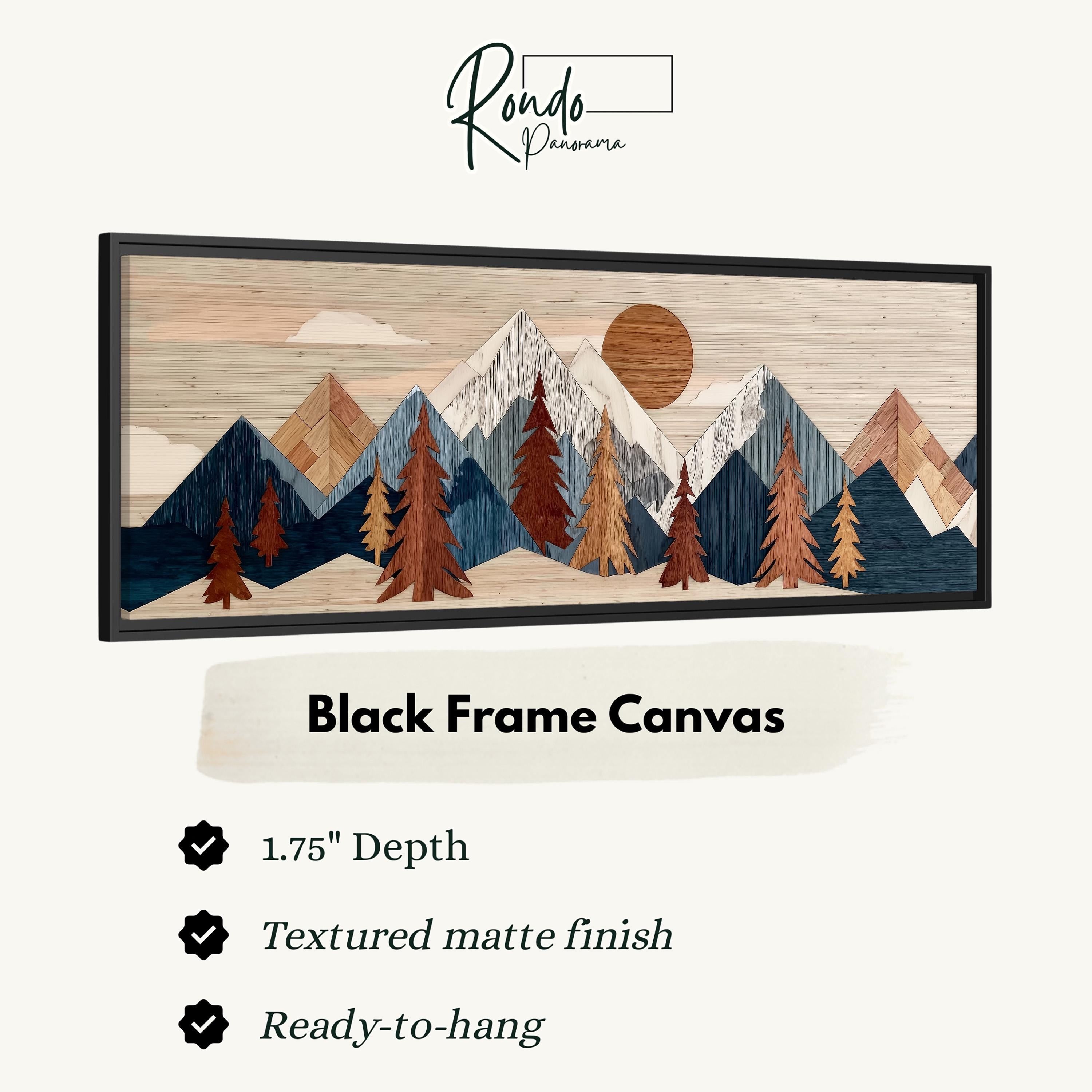 The image is a black frame canvas depicting a mountain landscape with pine trees and a sun.