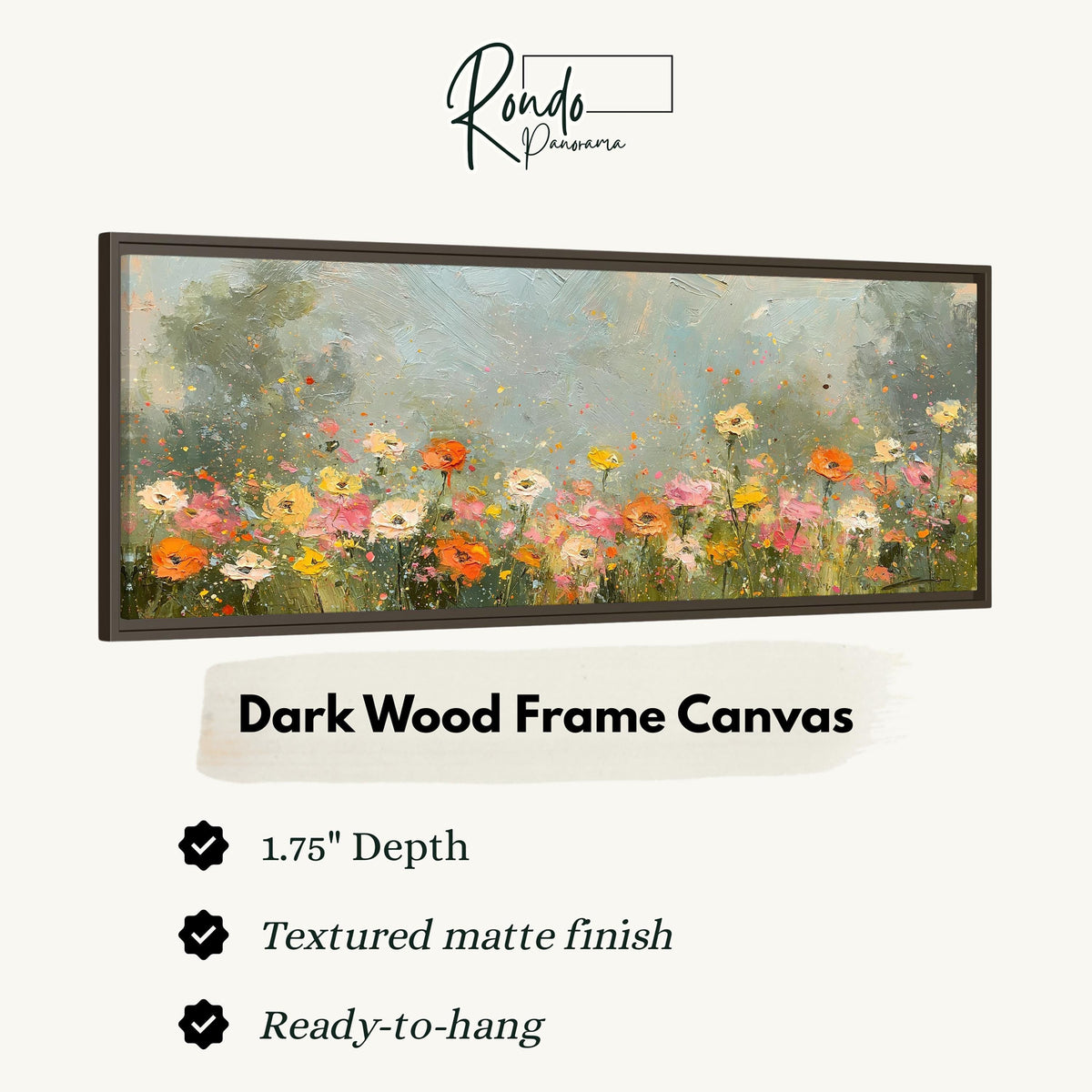 Impressionist wildflower meadow canvas print in a dark wood floating frame