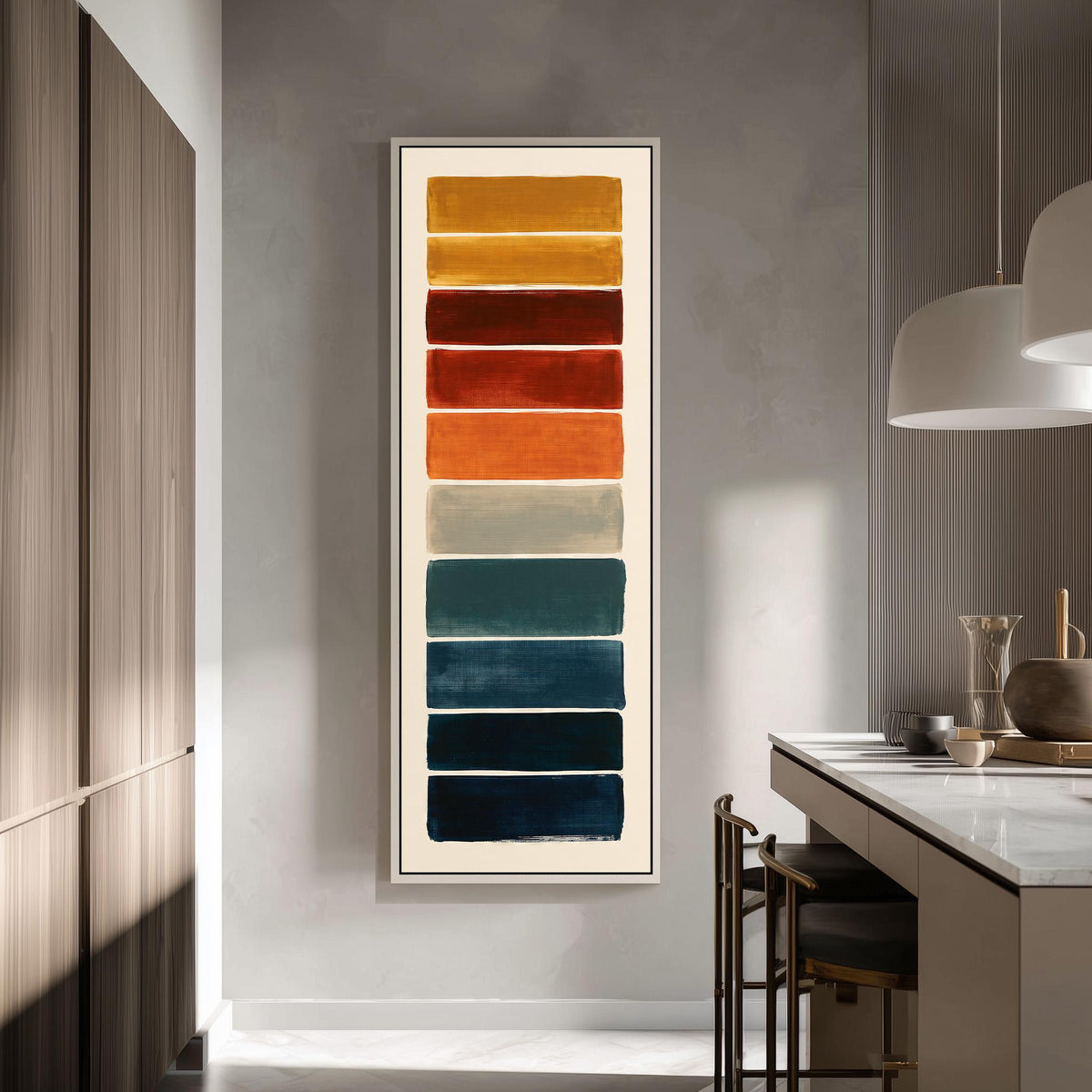Stack of swatches from mustard to navy tall skinny canvas print in a modern kitchen