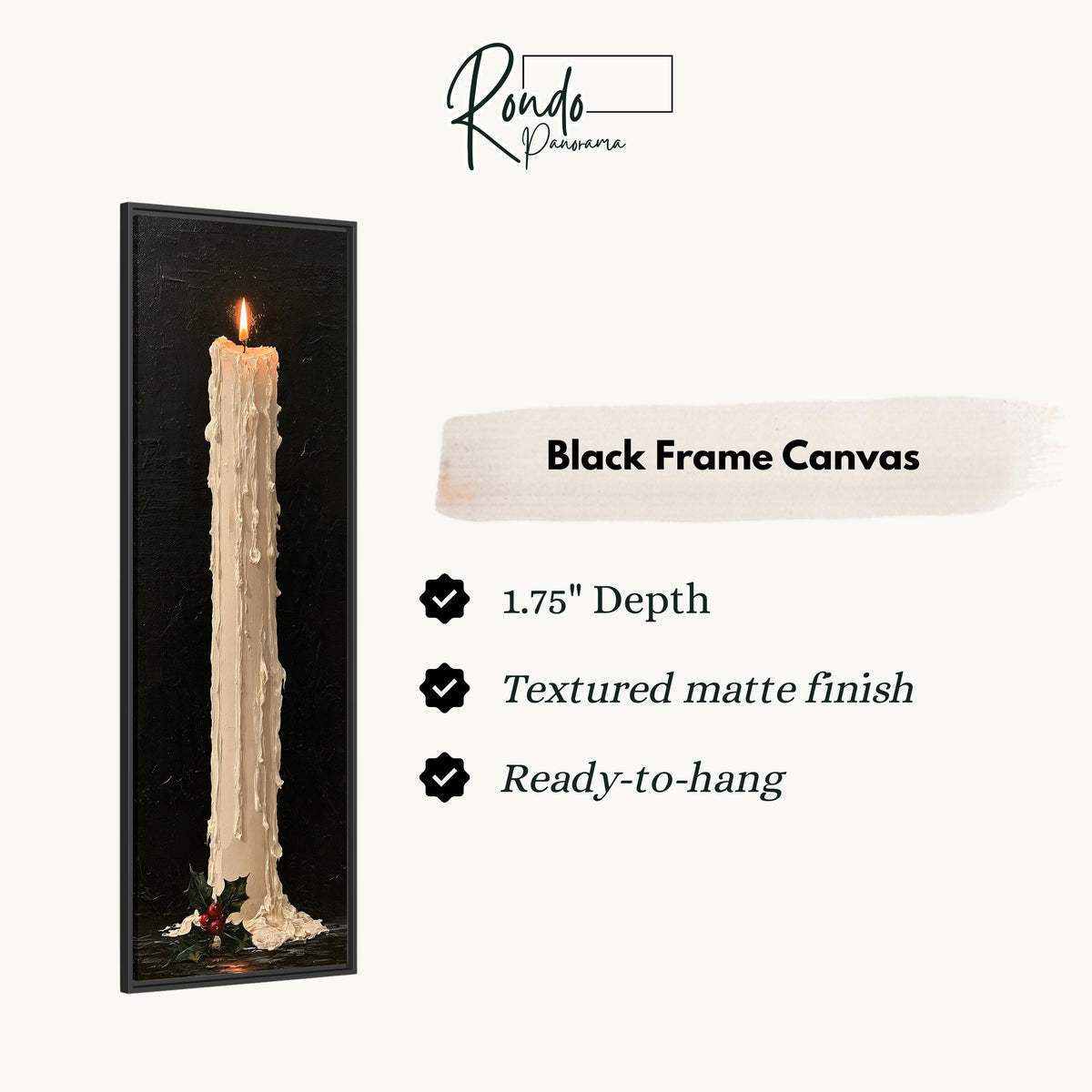 Tall dripping candle with holly canvas print in a black floating frame