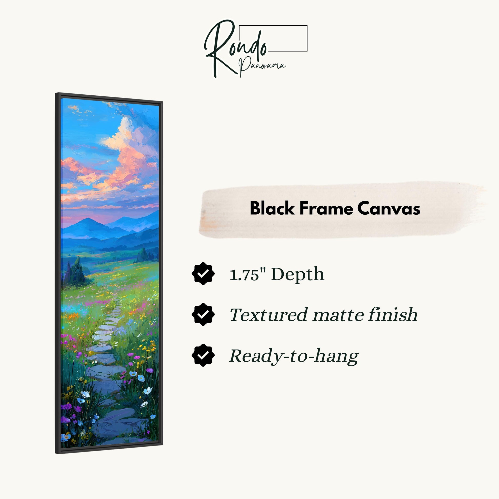 The image is a black frame canvas depicting a scenic landscape with a winding path leading through a field of flowers and mountains.