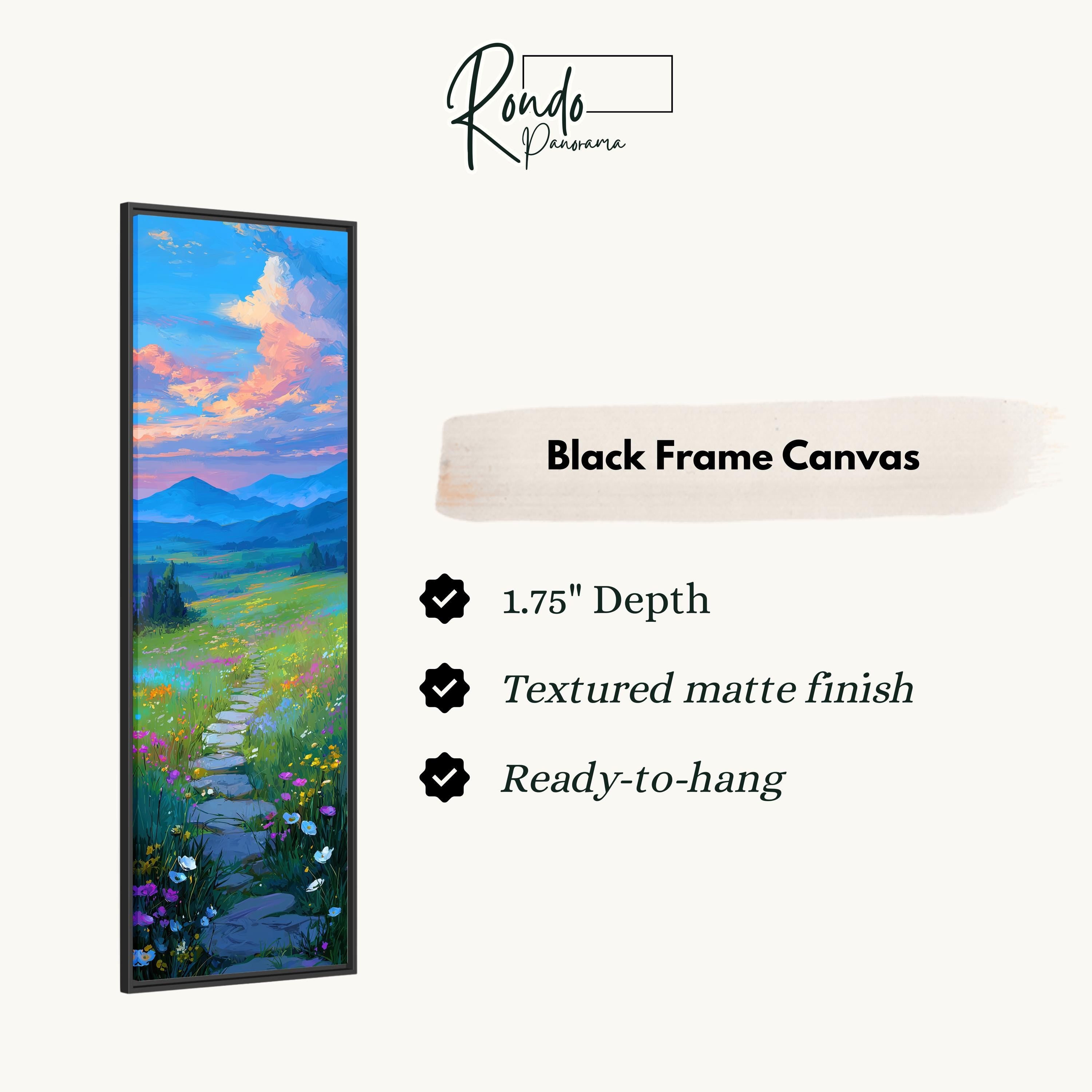 The image is a black frame canvas depicting a scenic landscape with a winding path leading through a field of flowers and mountains.