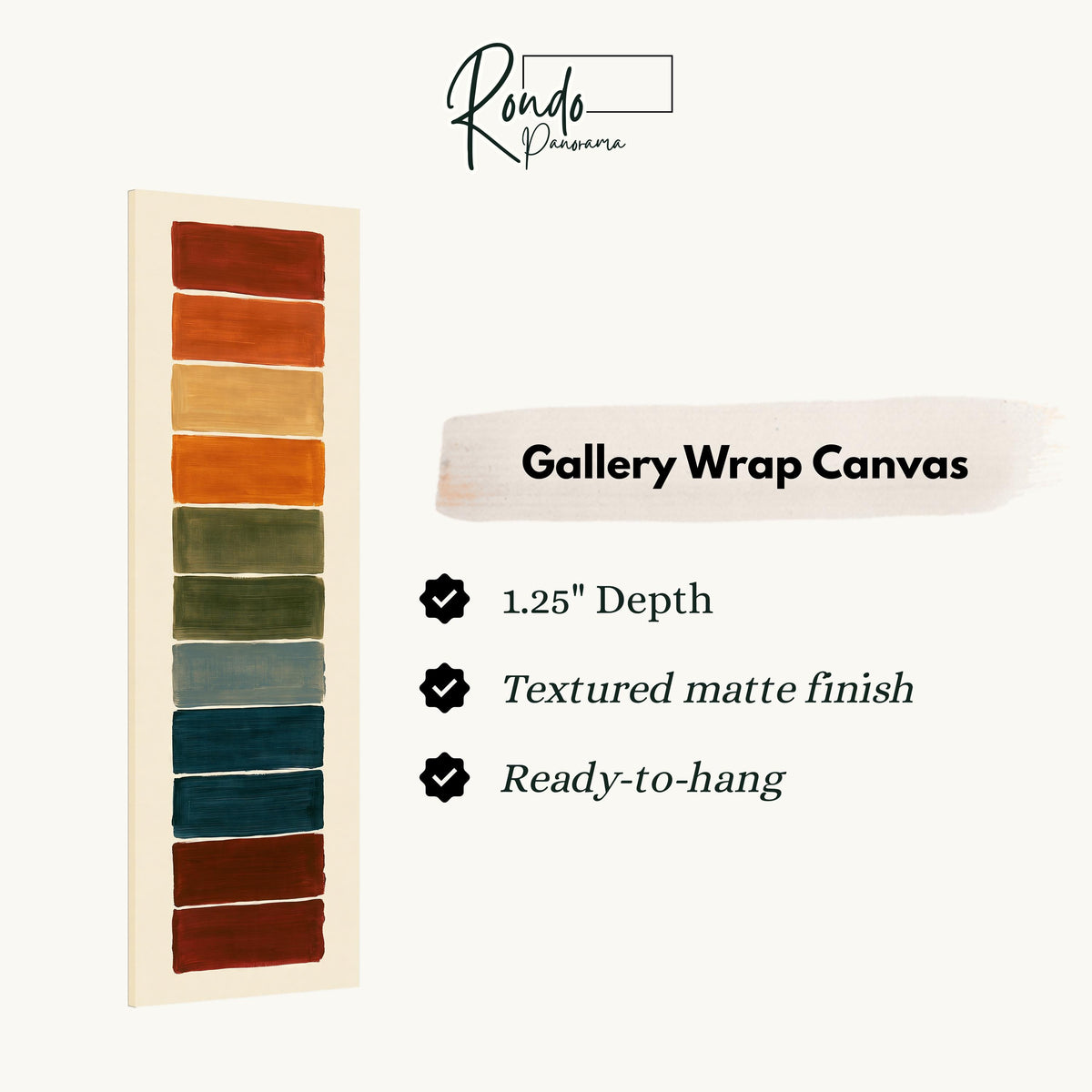 Stack of rust, teal and maroon swatches gallery wrap canvas with the image wrapped around the edges