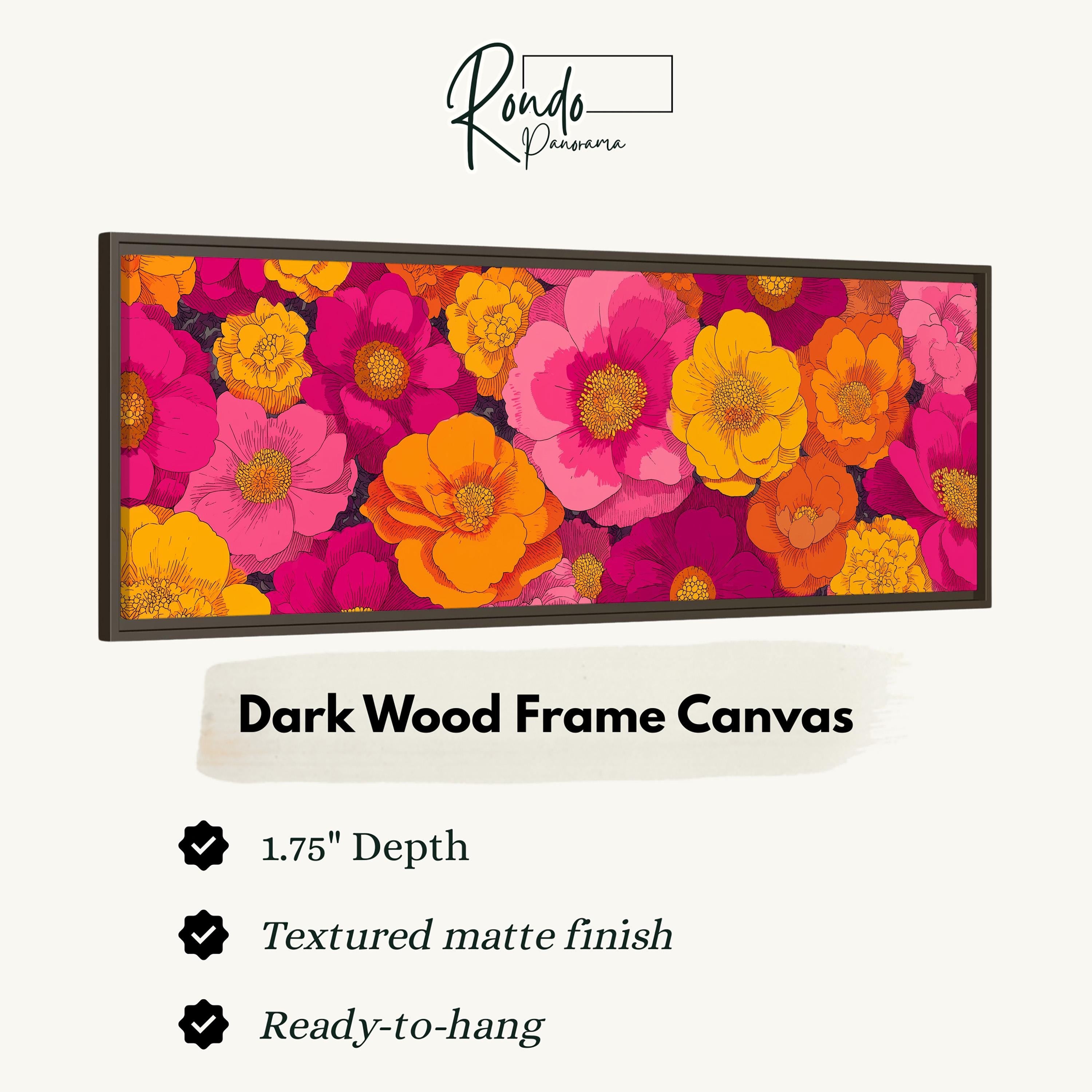The image is a framed canvas depicting a vibrant and colorful floral arrangement.