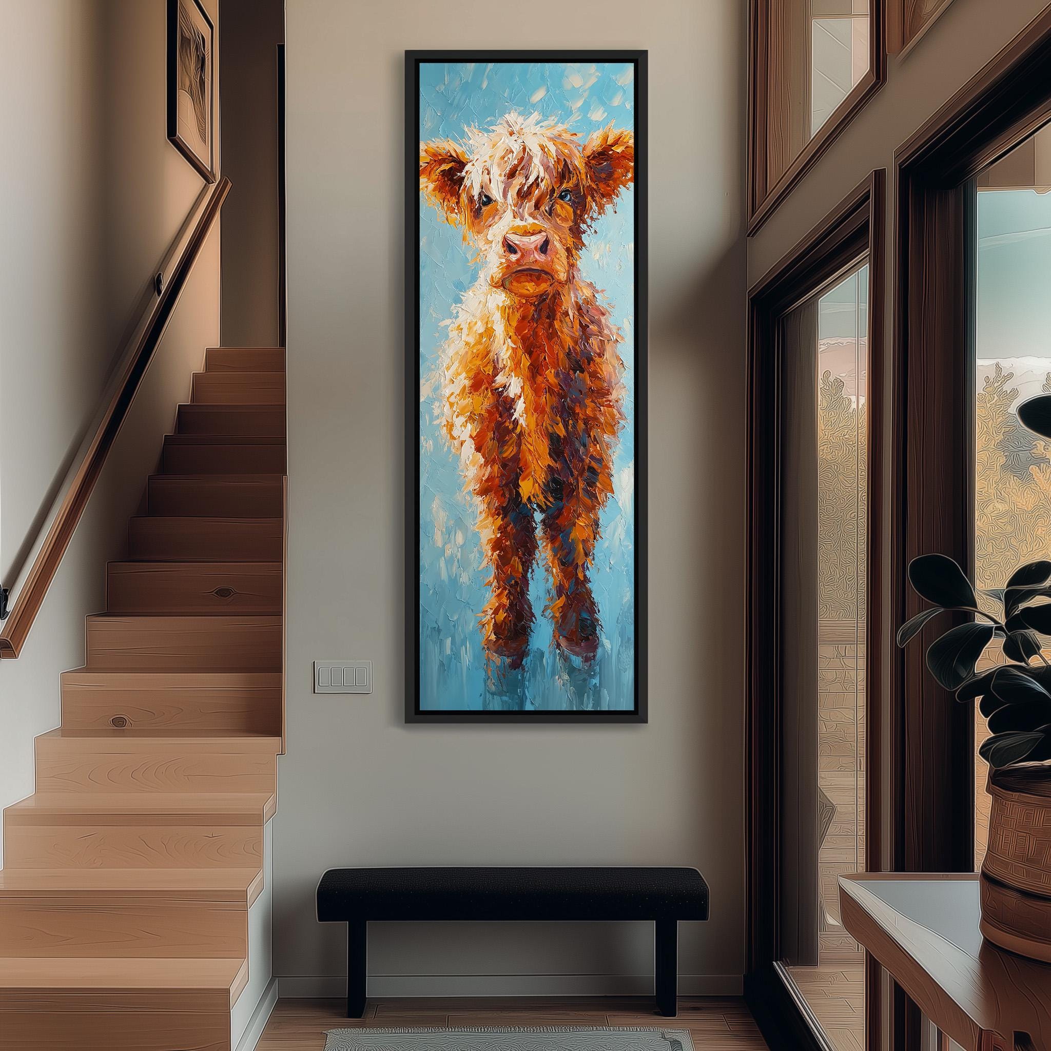 a large painting of a cow hanging on the wall in a hallway.