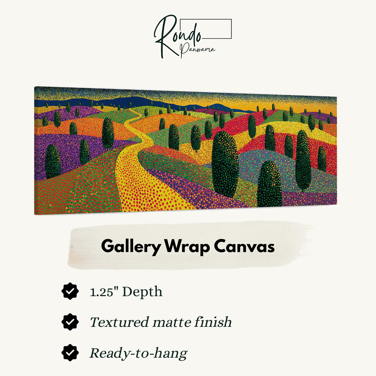 Colorful dotted garden with a winding path gallery wrap canvas with the image wrapped around the edges