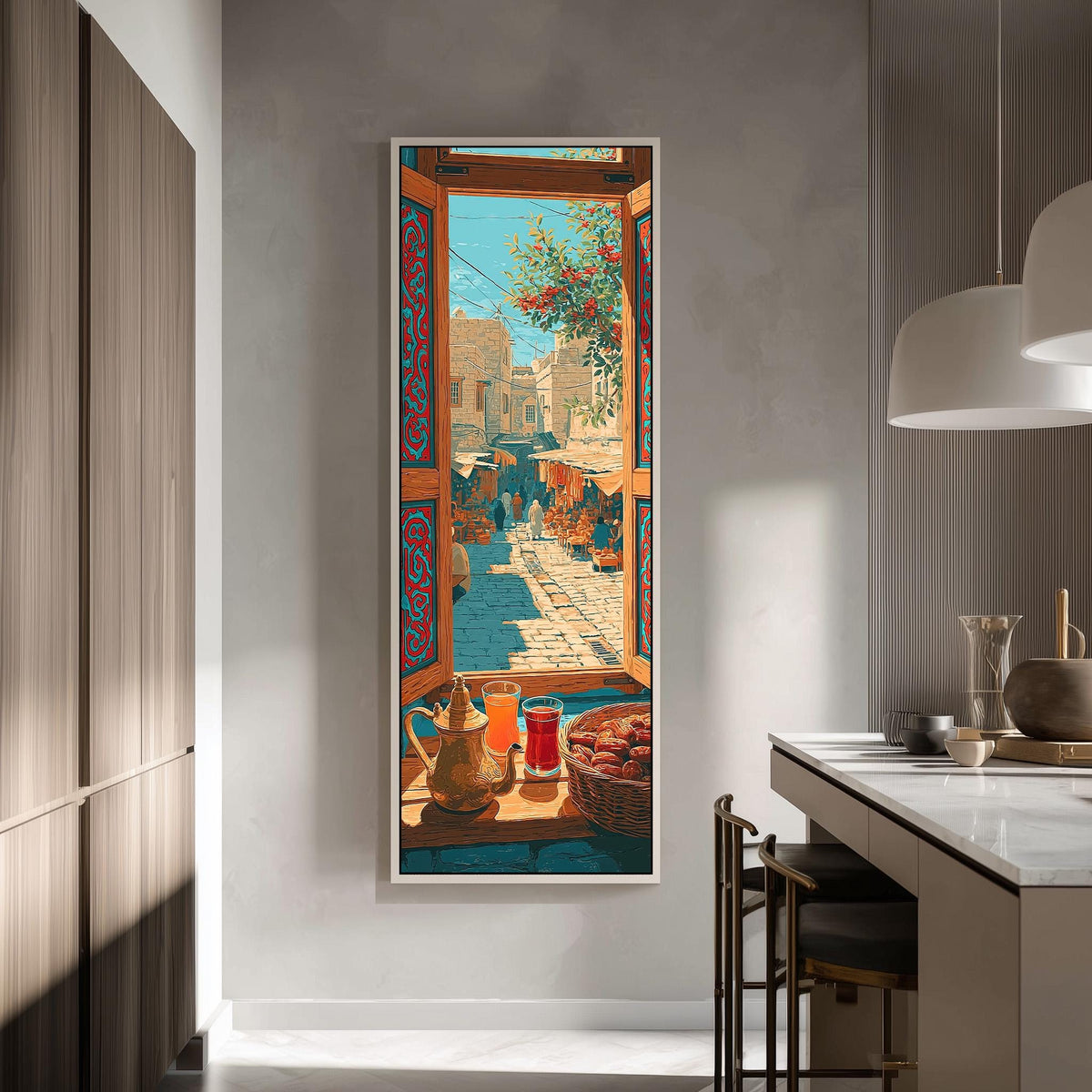 Moroccan market street seen from a window with tea tall skinny canvas print in a modern kitchen