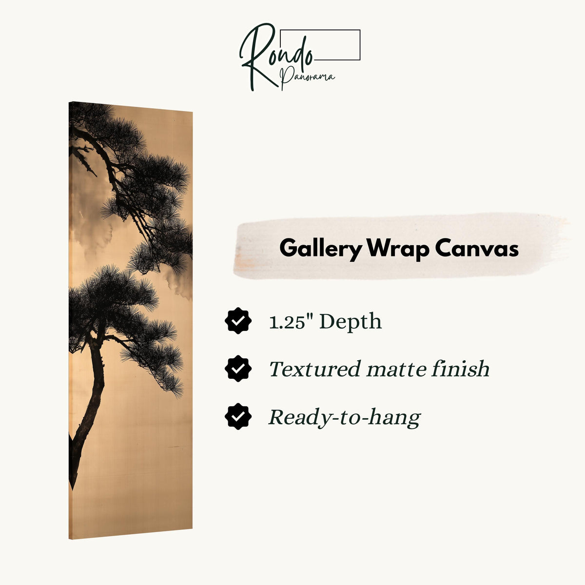 Pine branch silhouette on gold gallery wrap canvas with the image wrapped around the edges