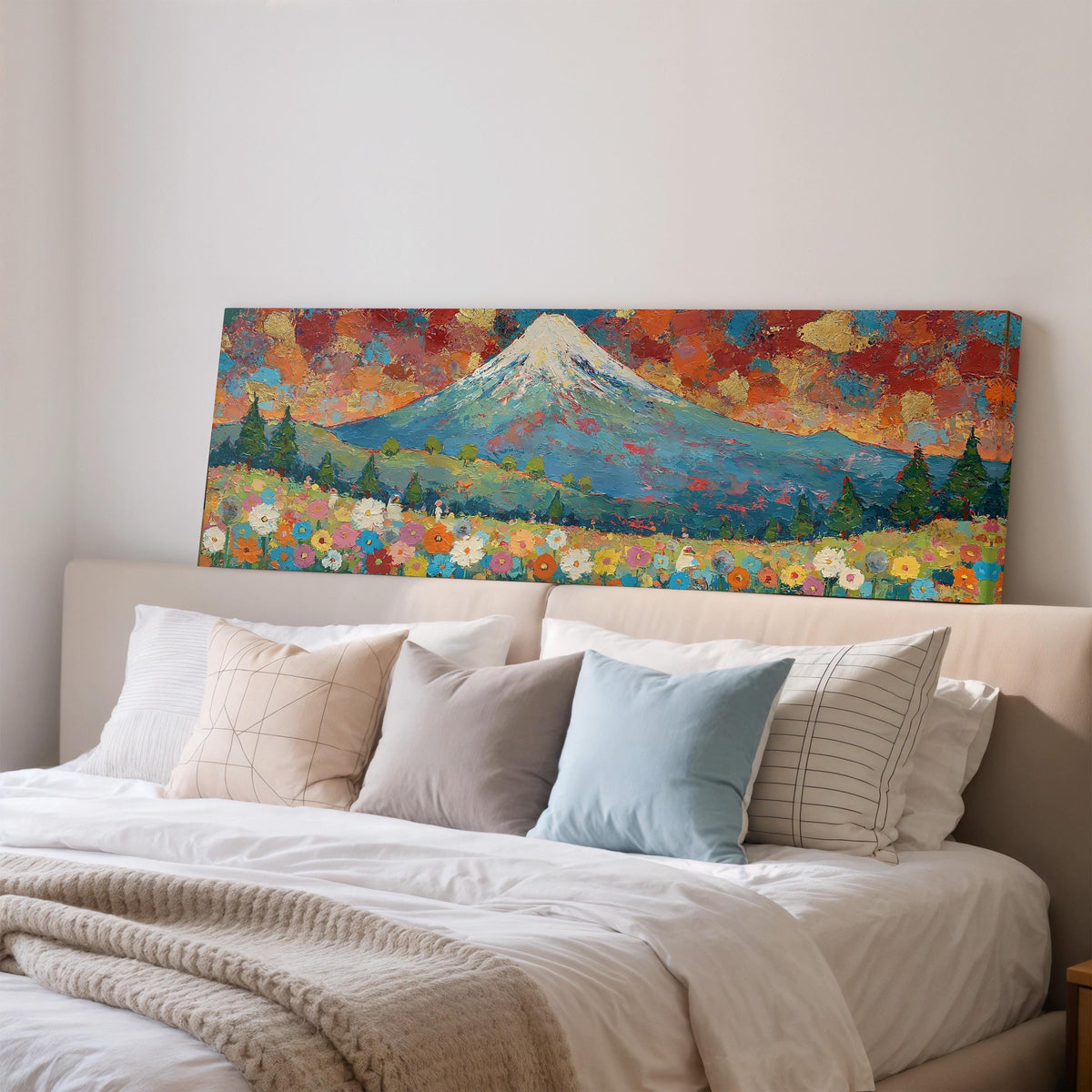 Mount Fuji above autumn trees and wildflowers wide panoramic canvas print above a bed in a bedroom