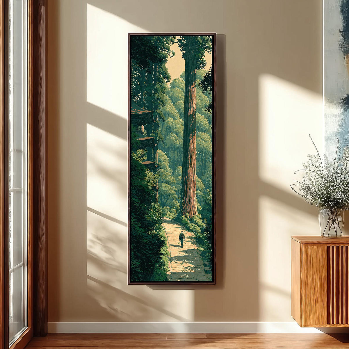 Forest path toward a pagoda tall narrow canvas print beside a staircase in an entryway
