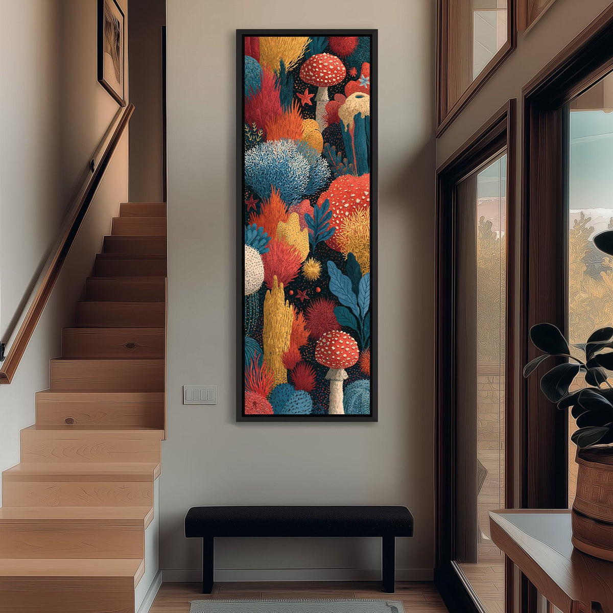 Jewel toned coral reef and toadstool garden tall narrow canvas print beside a staircase in an entryway