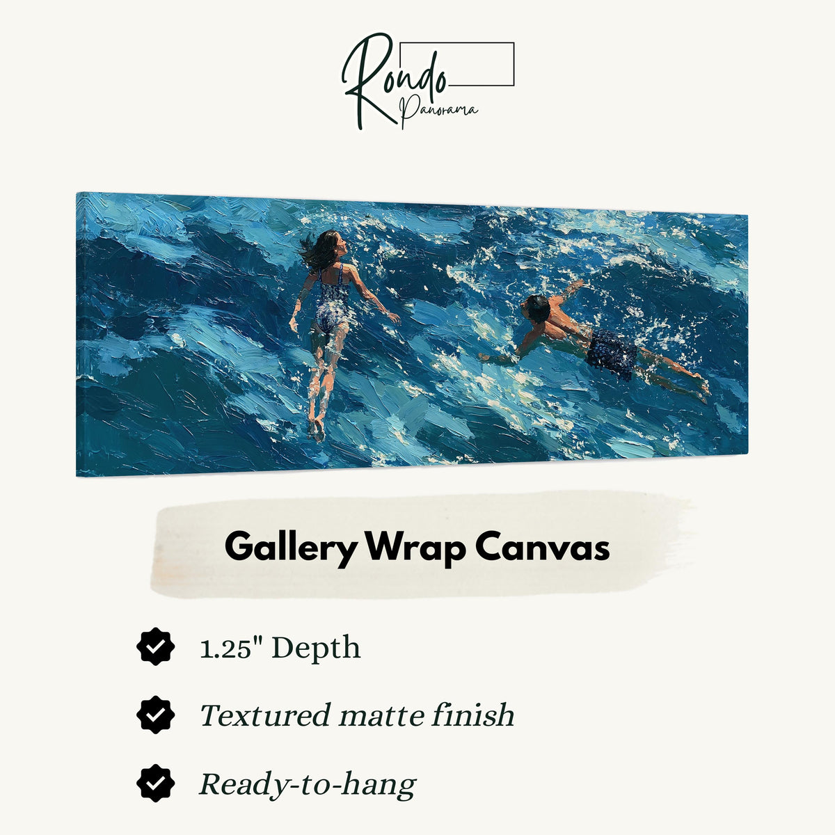 Two swimmers in turquoise waves gallery wrap canvas with the image wrapped around the edges