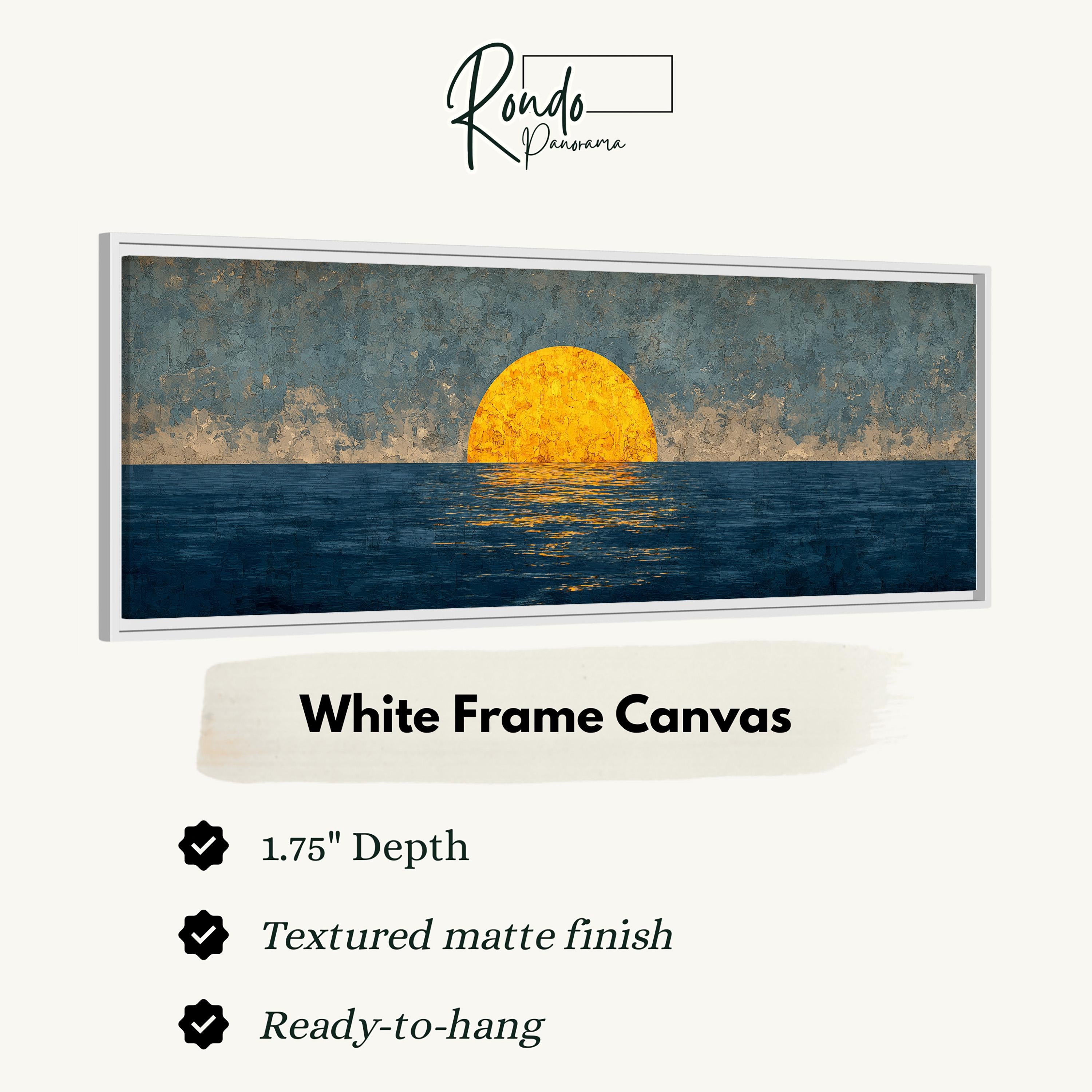 The image is a white frame canvas depicting a sunset over the ocean.