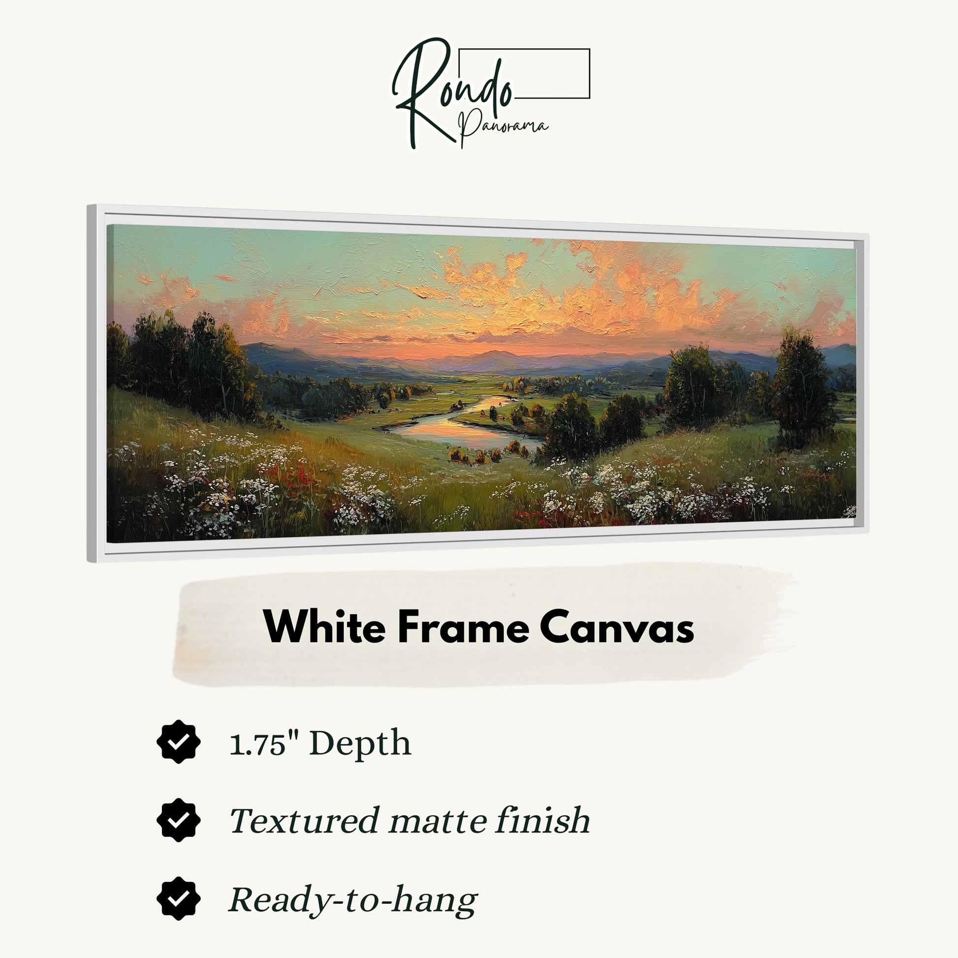 The image is a white frame canvas depicting a scenic landscape with a river, mountains, and a sunset.