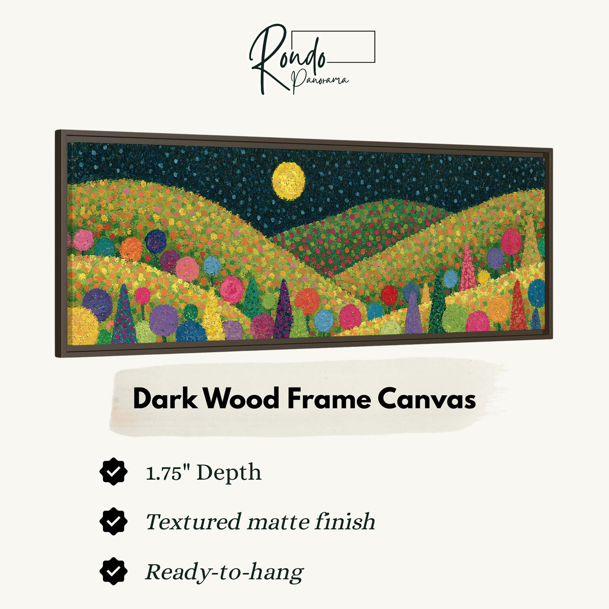 Moonlit pastel flower hills canvas print in a dark wood floating frame