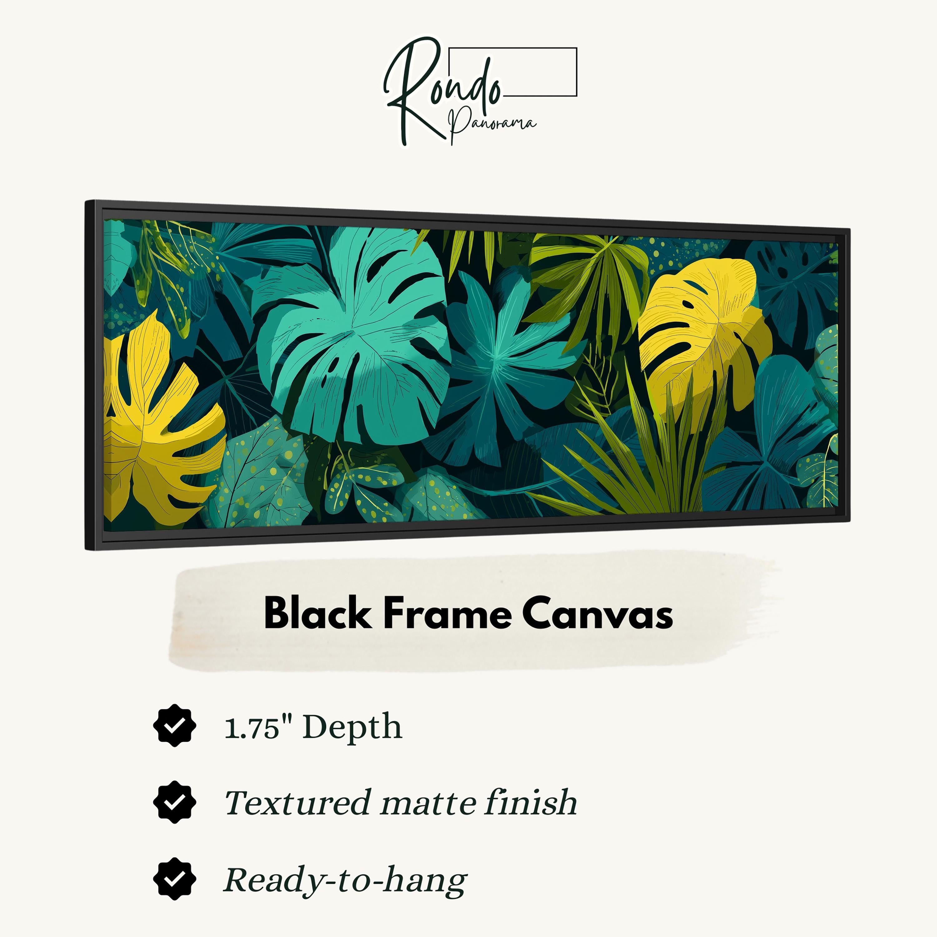 The image is a black frame canvas featuring a tropical plant design with various shades of green and yellow leaves and flowers.