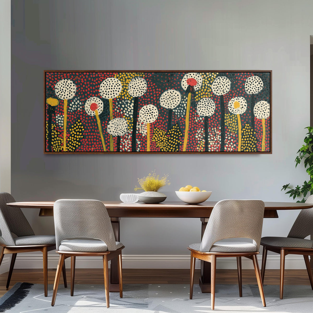 Dotted dandelion meadow long horizontal canvas print above a dining table