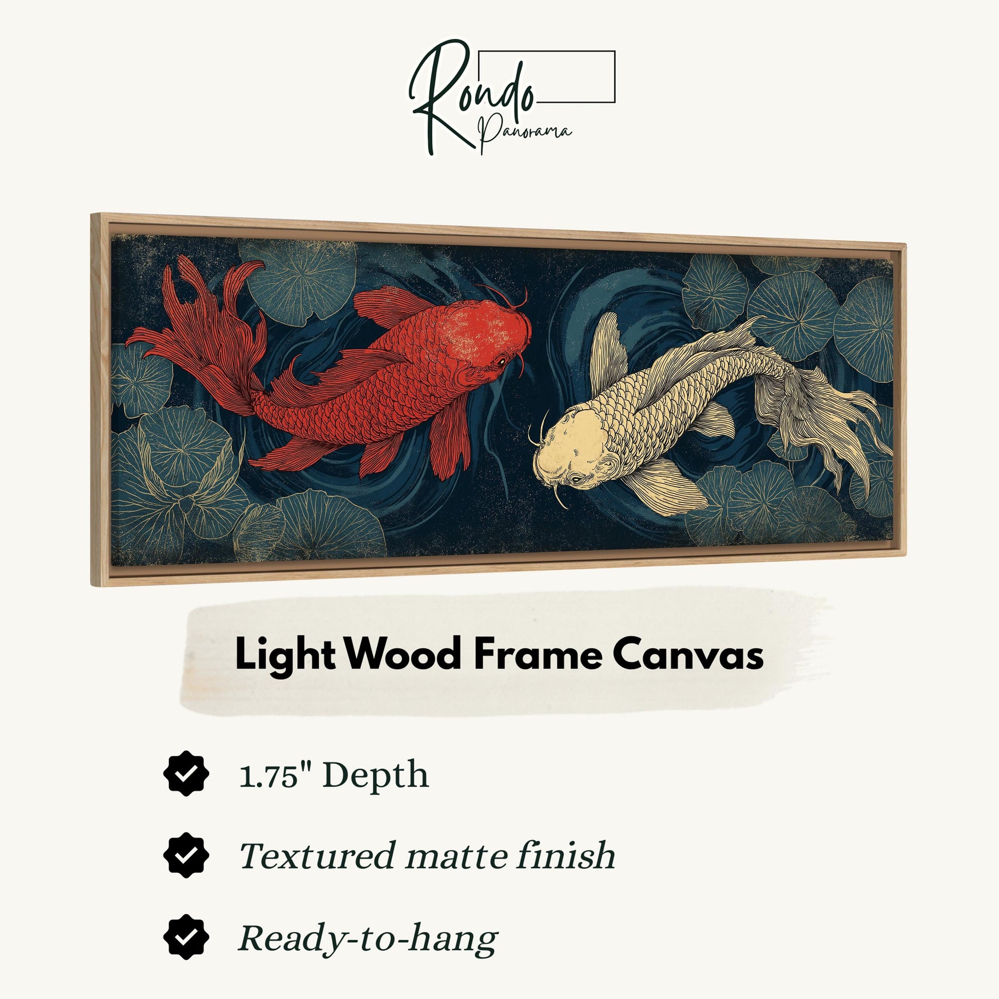 a light wood frame canvas with a painting of two koi fish, one red and one white, swimming in a pond with lily pads.