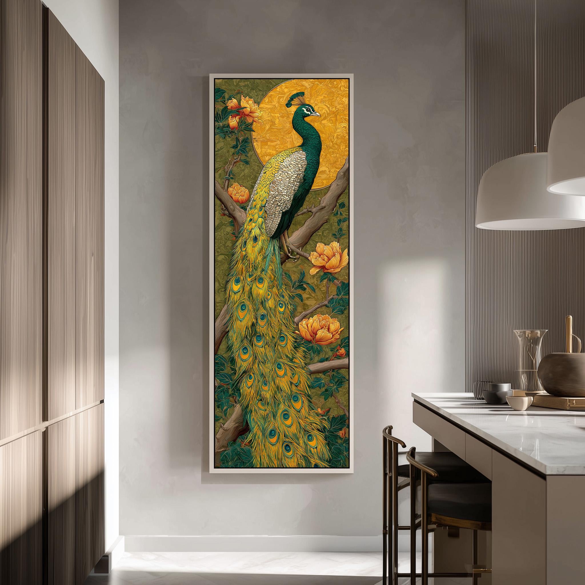 a large painting of a peacock, with its vibrant green and yellow feathers and a yellow sun in the background. The painting is displayed on a wall in a room with a wooden cabinet and a countertop.
