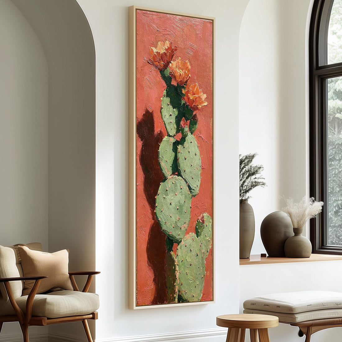 Blooming prickly pear cactus long vertical canvas print in a sunlit living space
