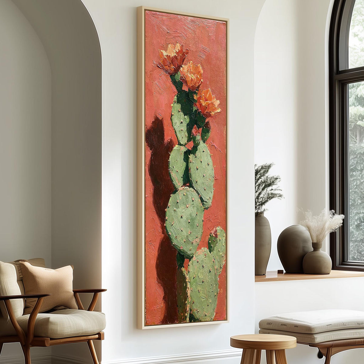 Blooming prickly pear cactus tall skinny canvas print in a sunlit living space