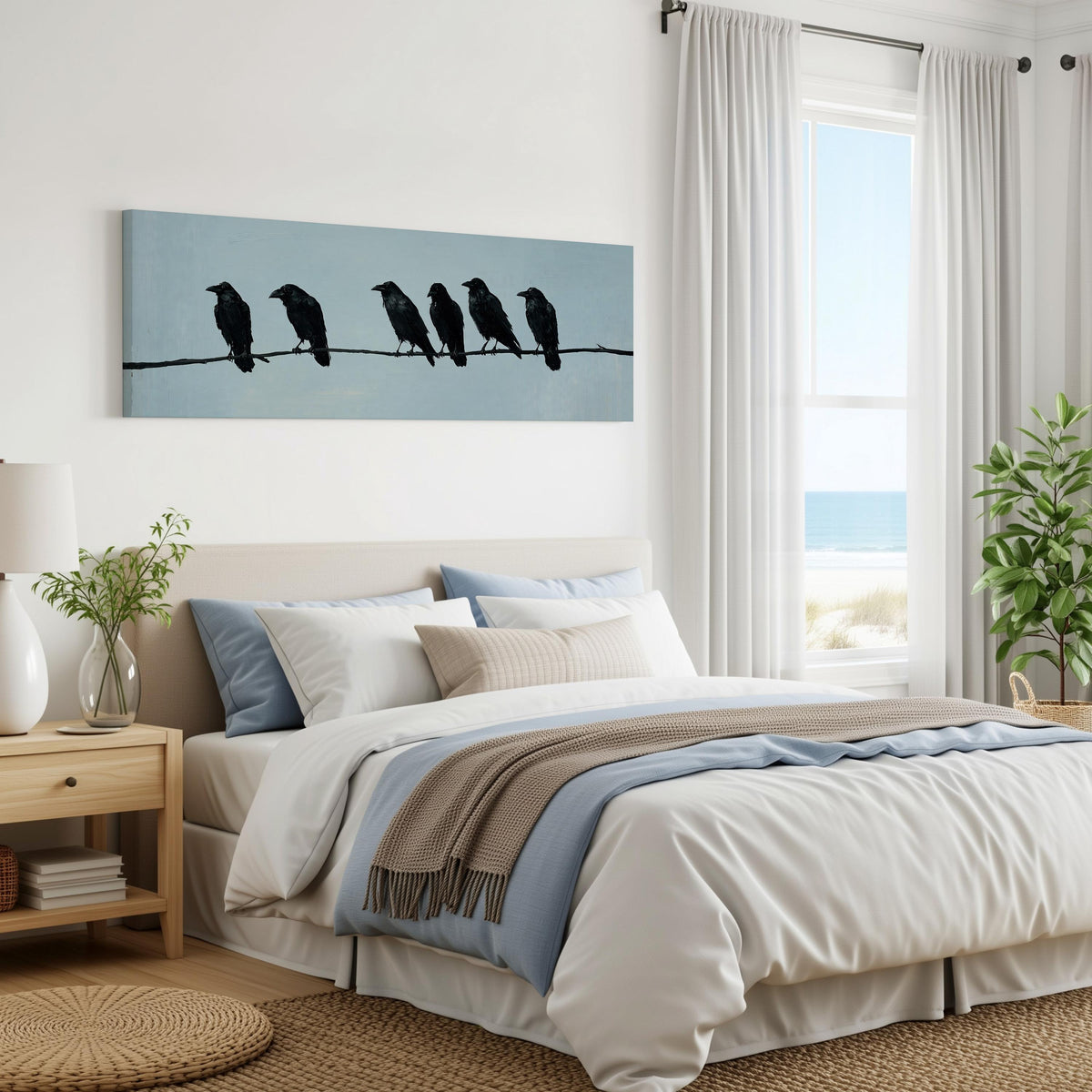 Ravens spaced along a wire panoramic canvas print above a bed in a coastal bedroom